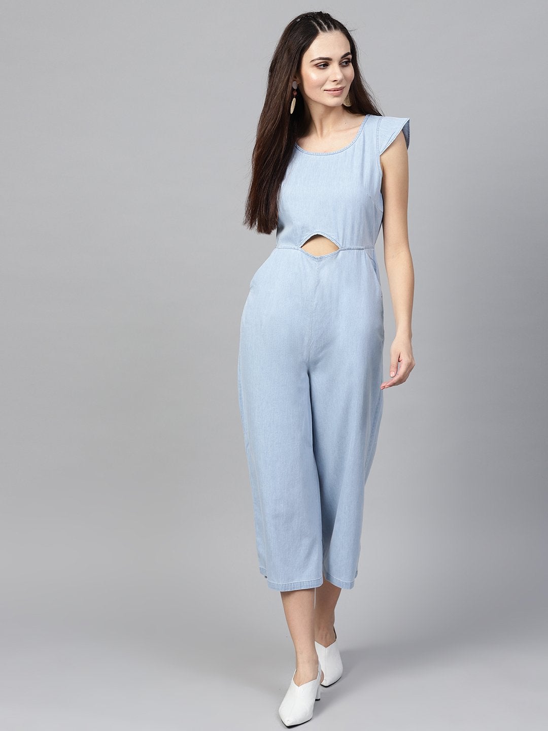 Women's Blue Denim Cut Out Jumpsuit - SASSAFRAS