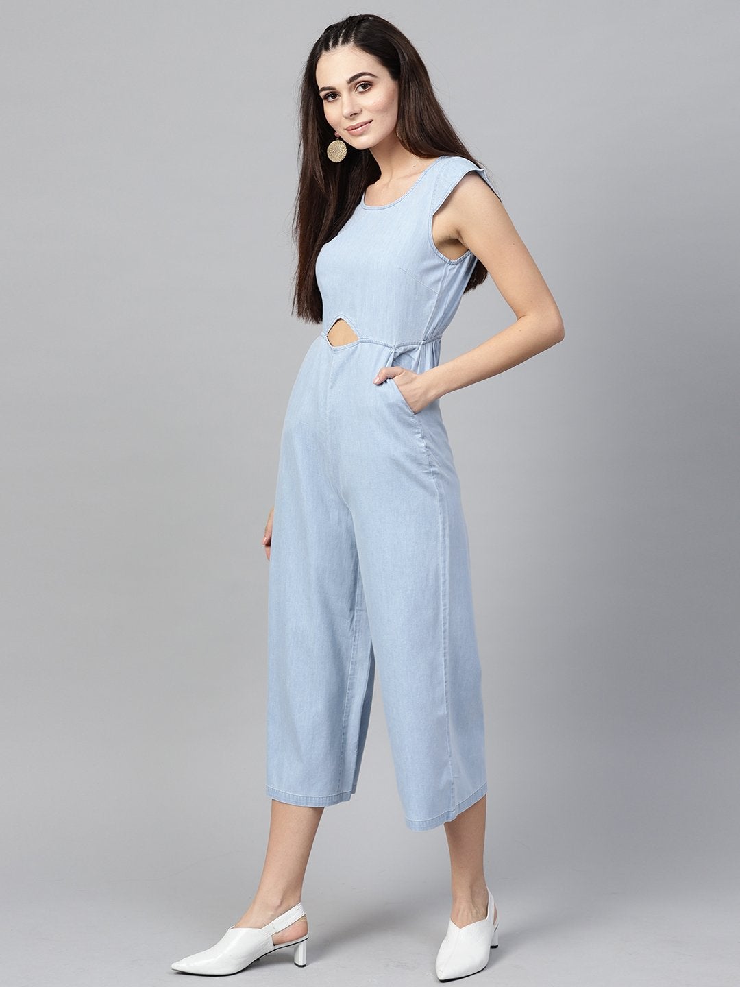 Women's Blue Denim Cut Out Jumpsuit - SASSAFRAS