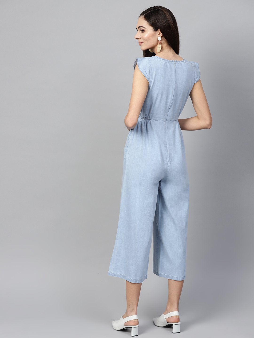 Women's Blue Denim Cut Out Jumpsuit - SASSAFRAS