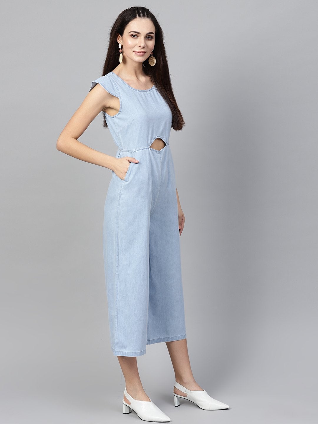 Women's Blue Denim Cut Out Jumpsuit - SASSAFRAS