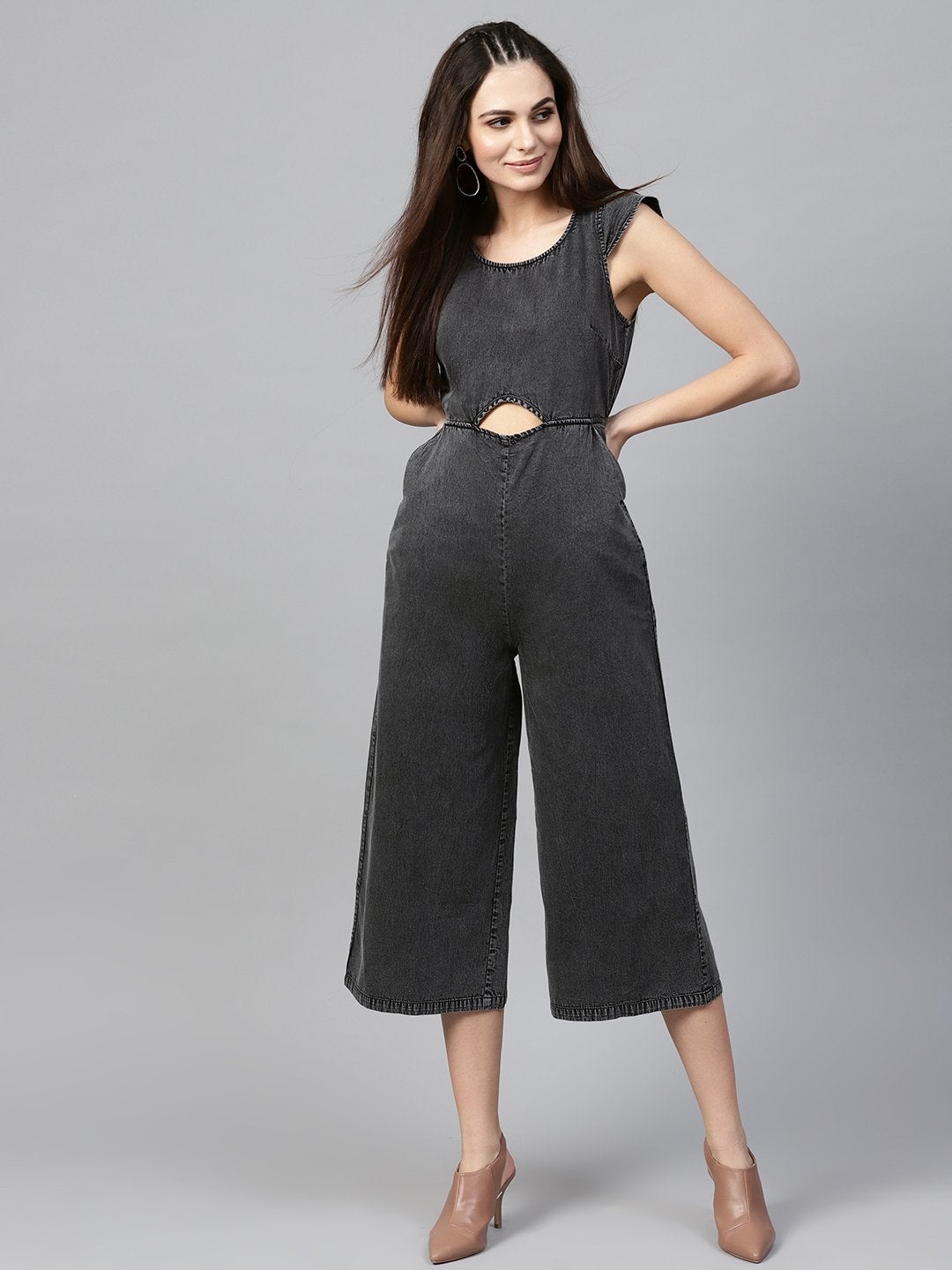 Women's Black Denim Cut Out Jumpsuit - SASSAFRAS