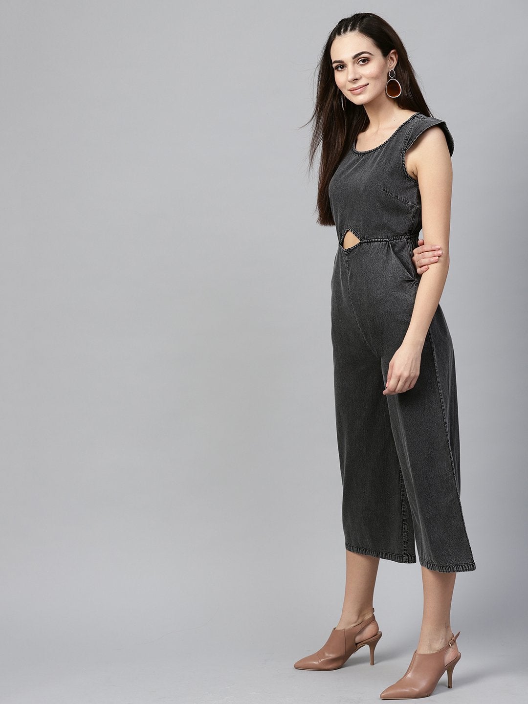 Women's Black Denim Cut Out Jumpsuit - SASSAFRAS