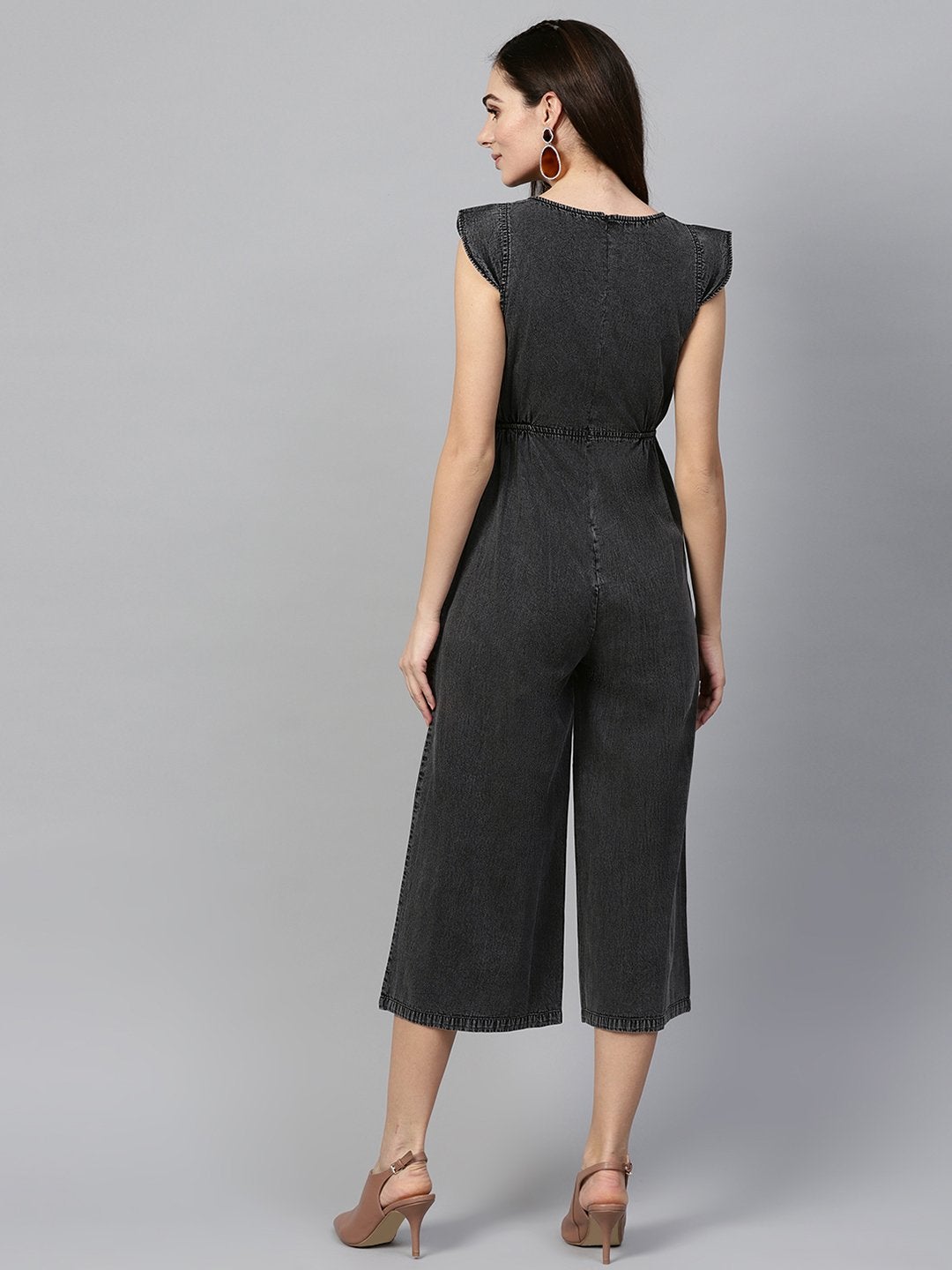 Women's Black Denim Cut Out Jumpsuit - SASSAFRAS