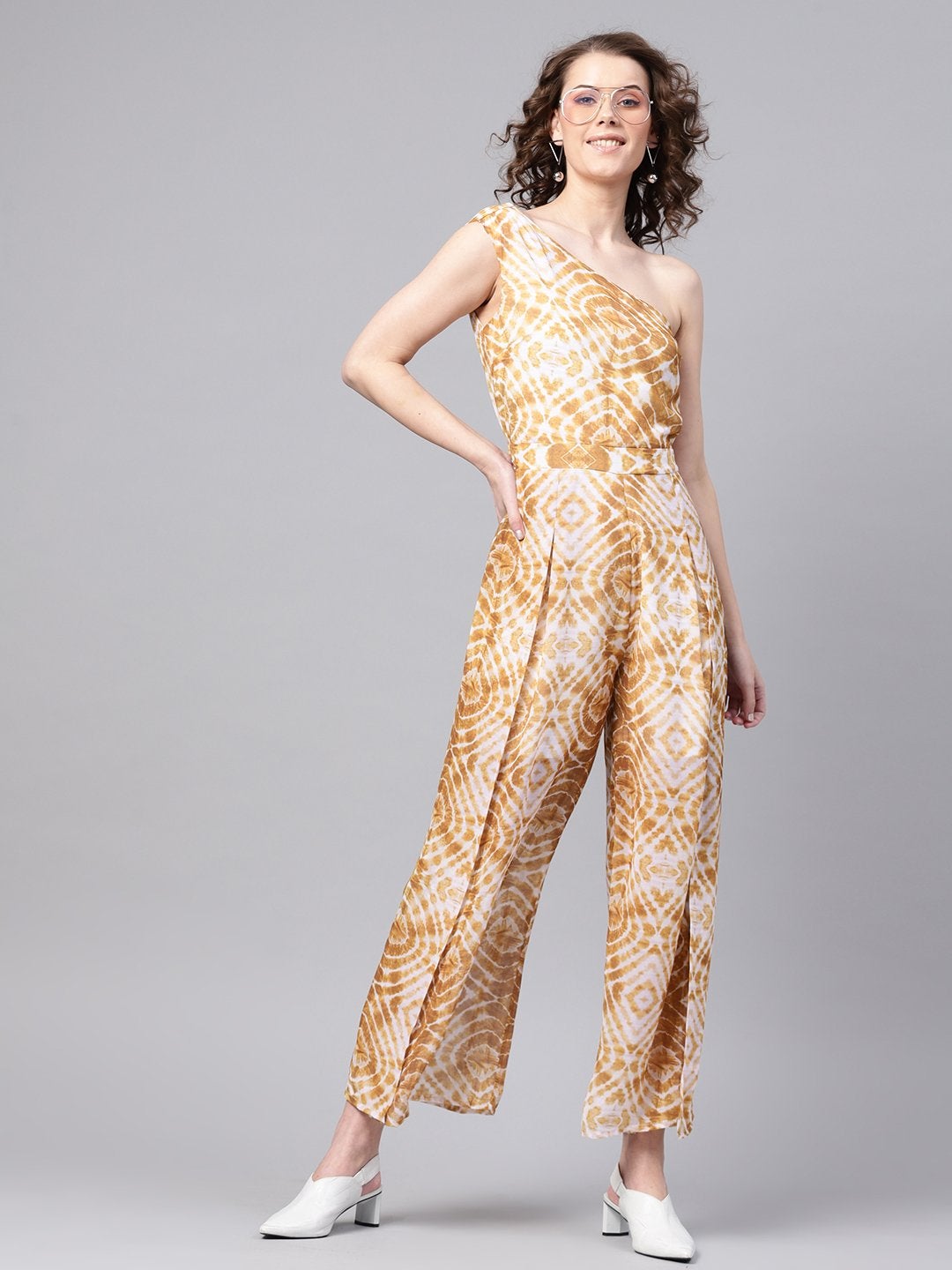 Women's Mustard & White One Shoulder Jumpsuit - SASSAFRAS