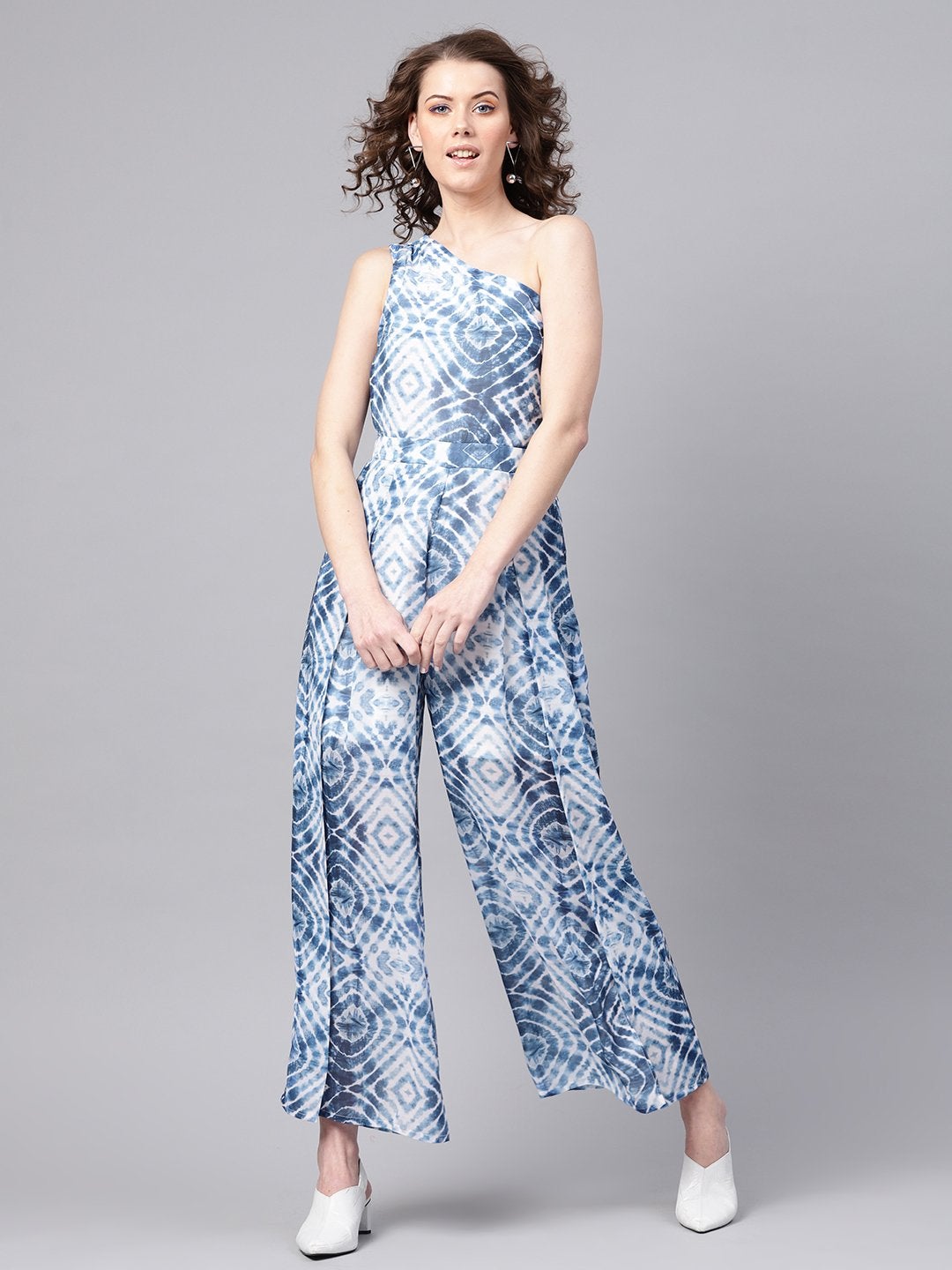 Women's Blue & White One Shoulder Jumpsuit - SASSAFRAS