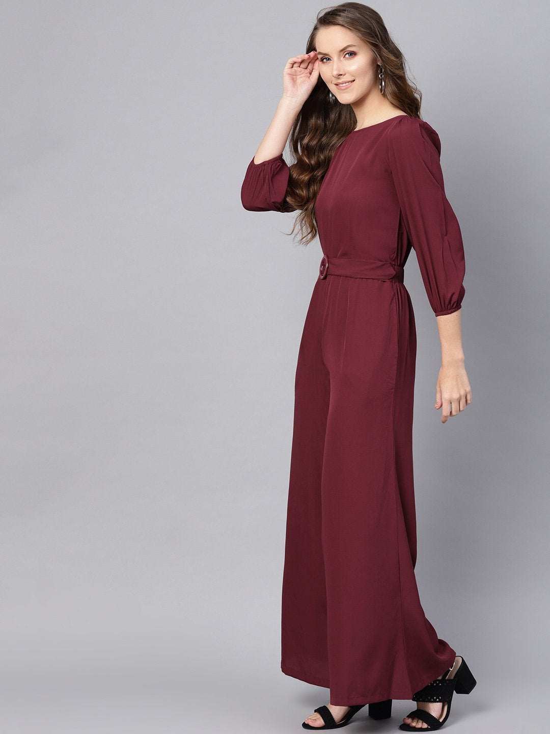 Women's Wine Buckle Belt Jumpsuit - SASSAFRAS