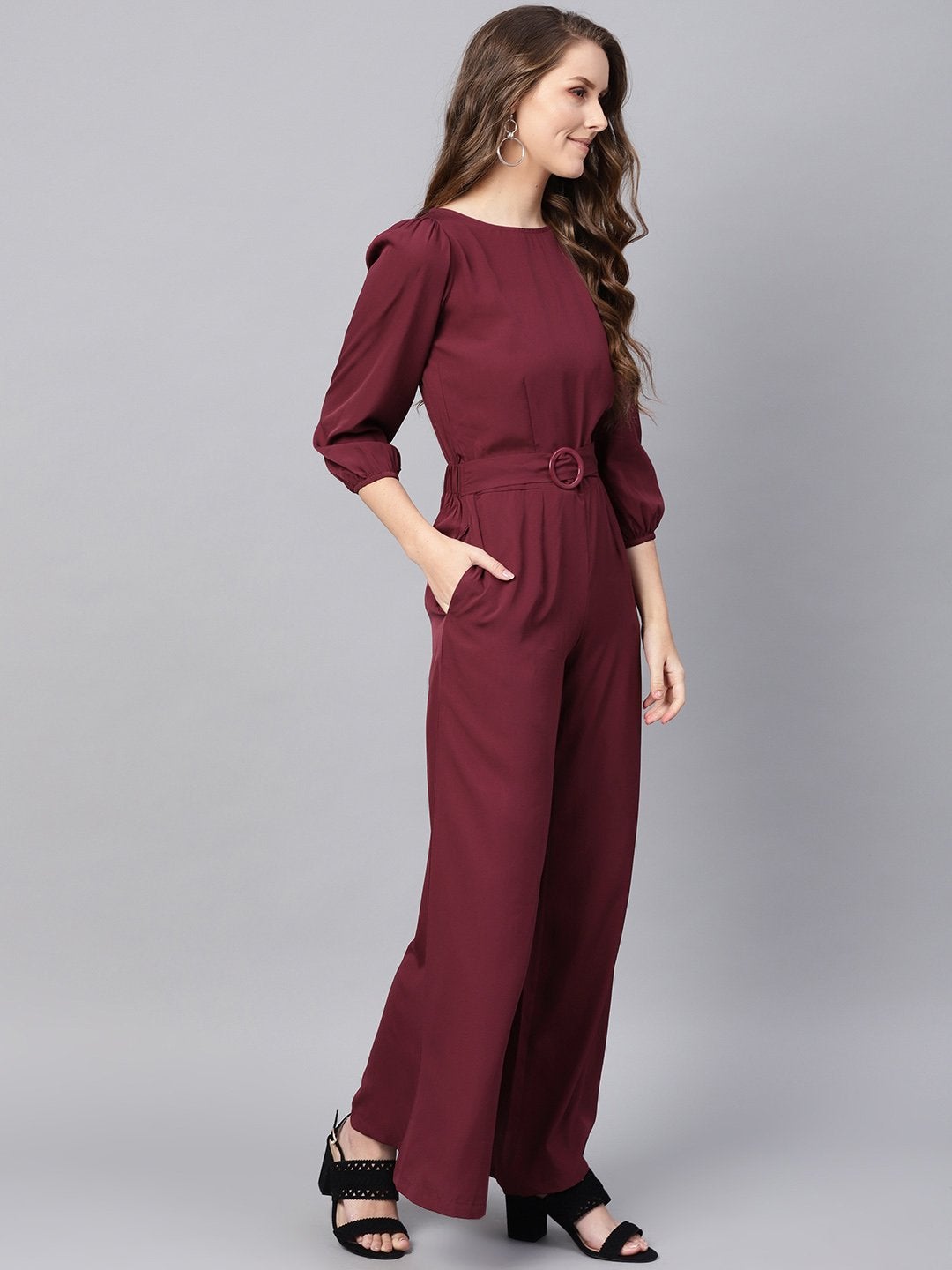 Women's Wine Buckle Belt Jumpsuit - SASSAFRAS