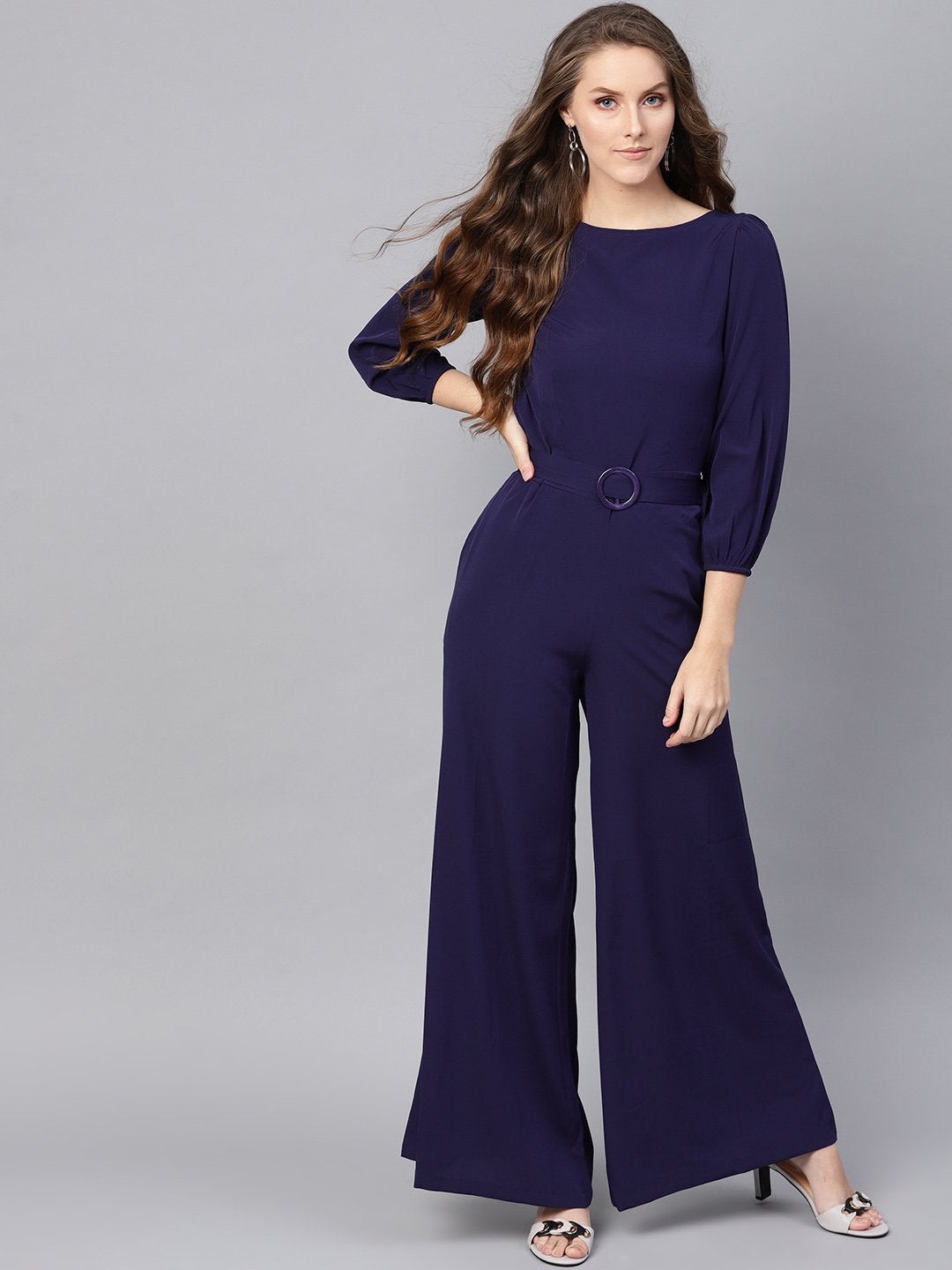 Women's Navy Buckle Belt Jumpsuit - SASSAFRAS