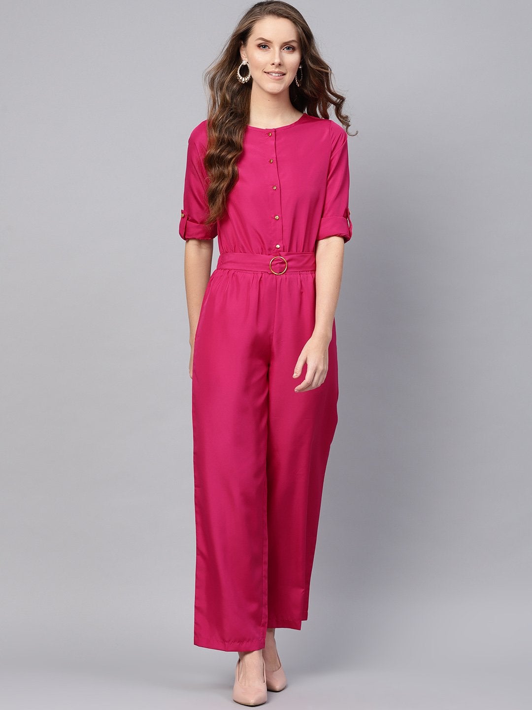 Women's Fuchsia Palazzo Buckle Belt Jumpsuit - SASSAFRAS