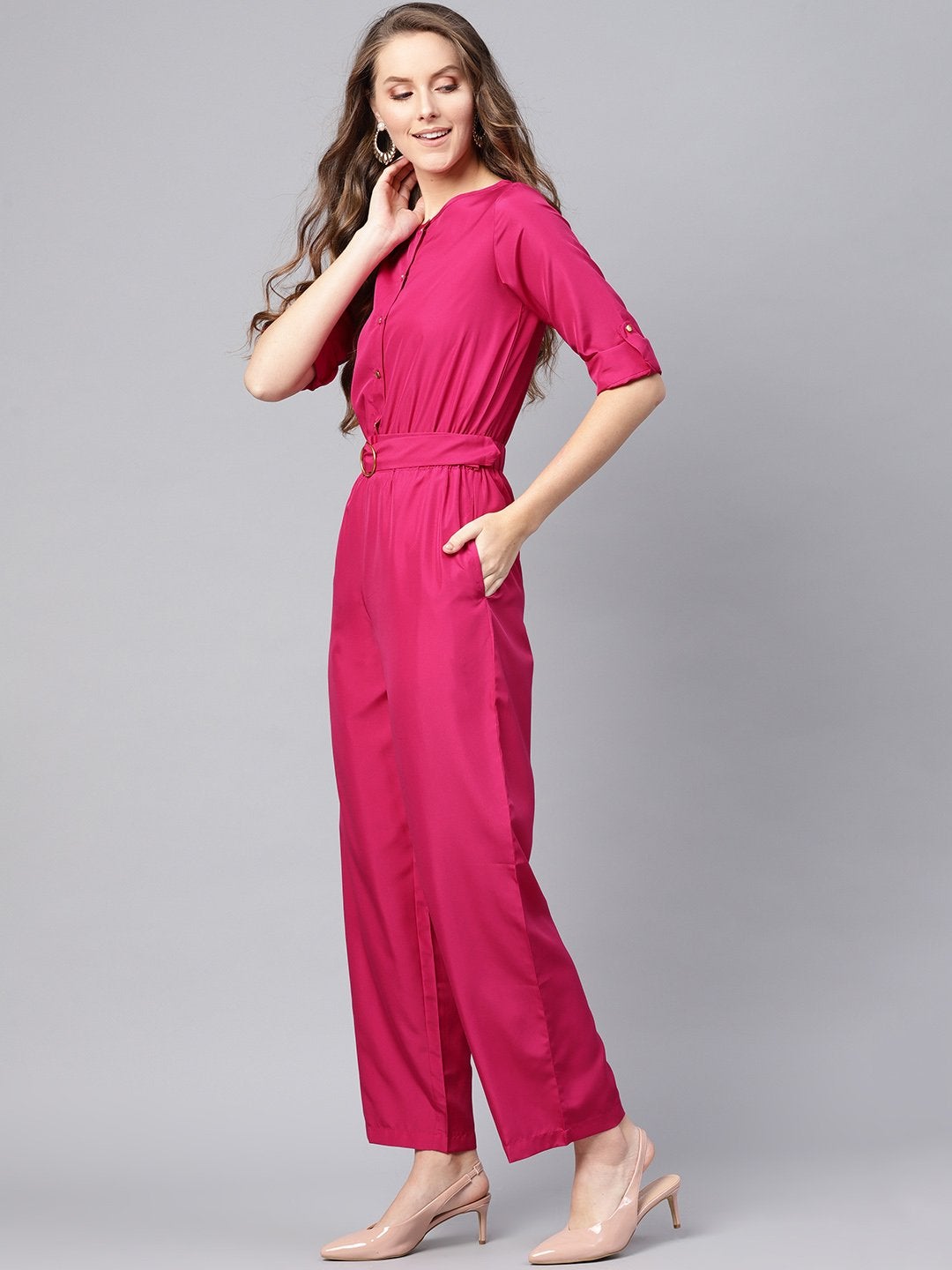 Women's Fuchsia Palazzo Buckle Belt Jumpsuit - SASSAFRAS