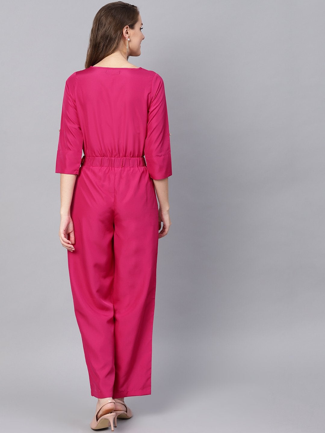 Women's Fuchsia Palazzo Buckle Belt Jumpsuit - SASSAFRAS