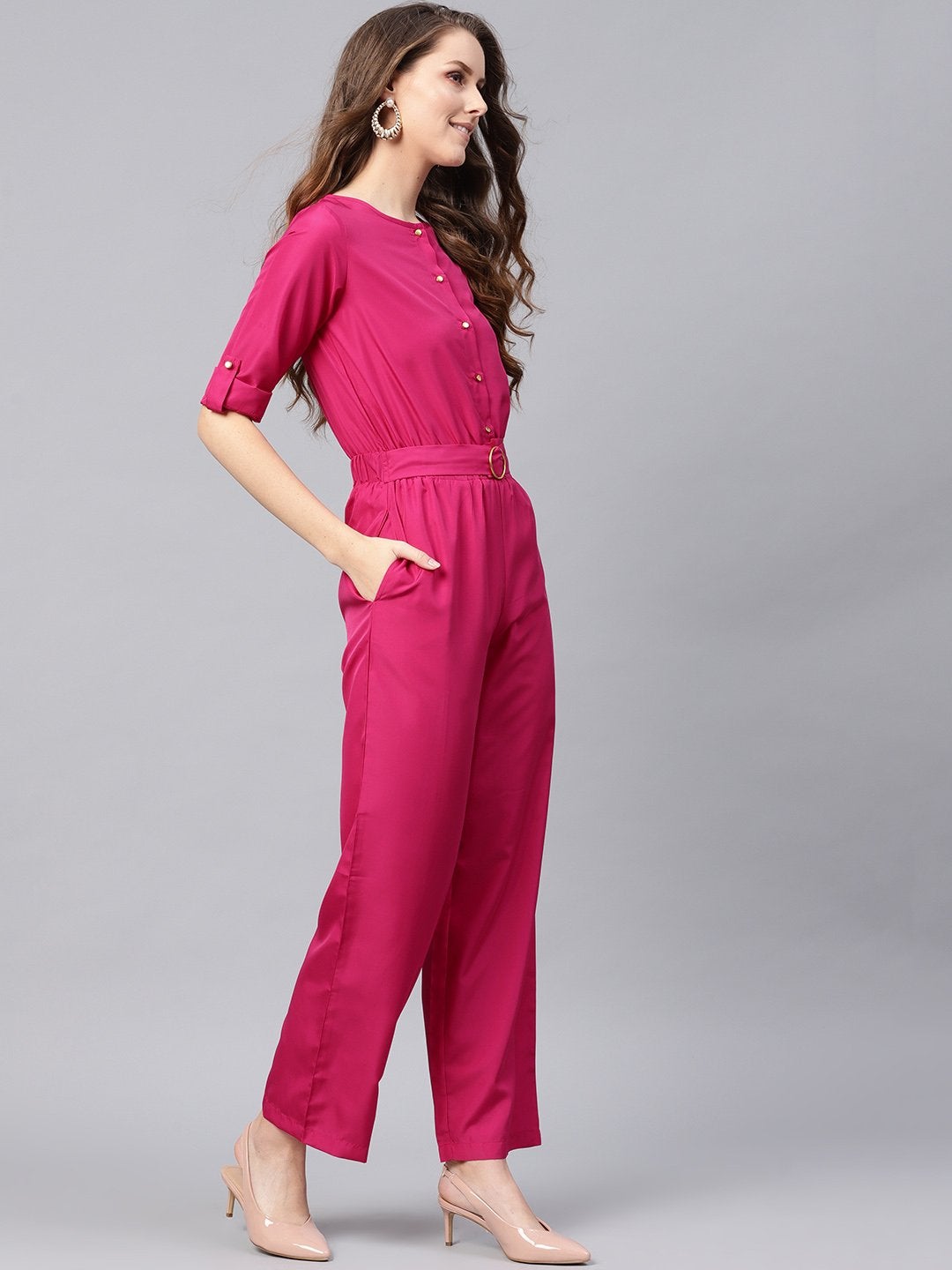 Women's Fuchsia Palazzo Buckle Belt Jumpsuit - SASSAFRAS