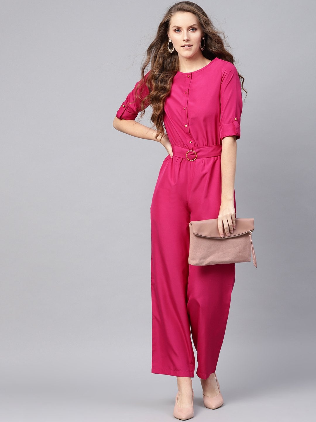 Women's Fuchsia Palazzo Buckle Belt Jumpsuit - SASSAFRAS