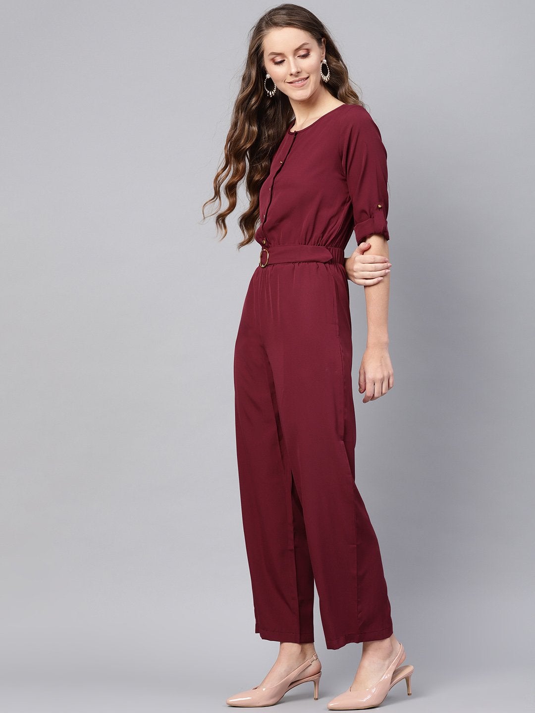 Women's Wine Palazzo Buckle Belt Jumpsuit - SASSAFRAS