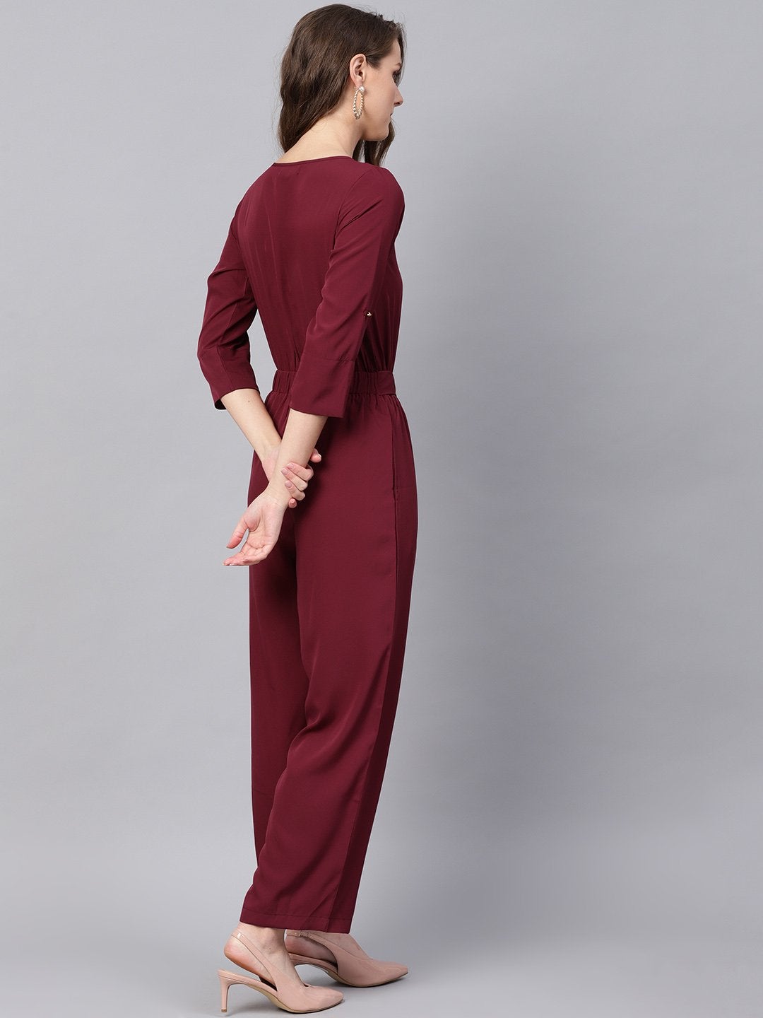 Women's Wine Palazzo Buckle Belt Jumpsuit - SASSAFRAS