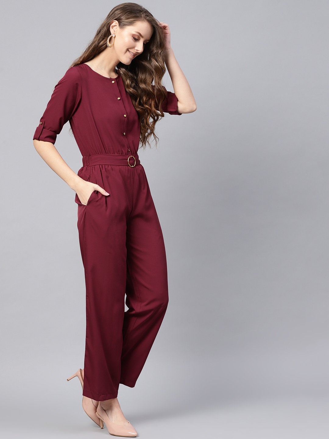 Women's Wine Palazzo Buckle Belt Jumpsuit - SASSAFRAS