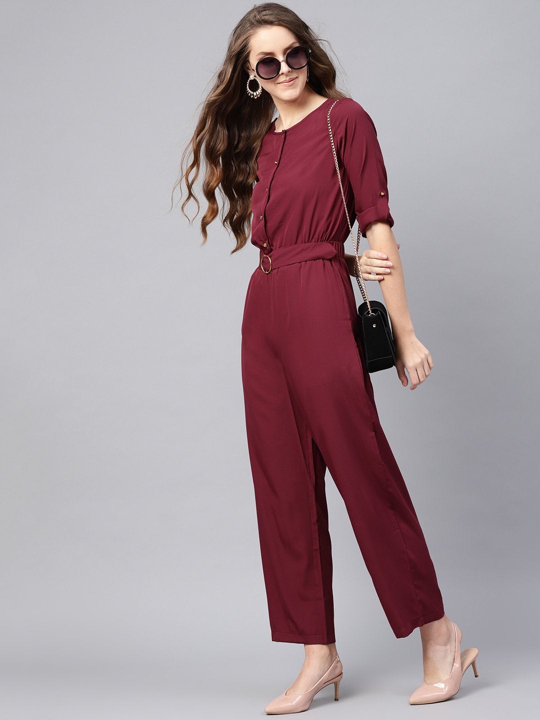 Women's Wine Palazzo Buckle Belt Jumpsuit - SASSAFRAS