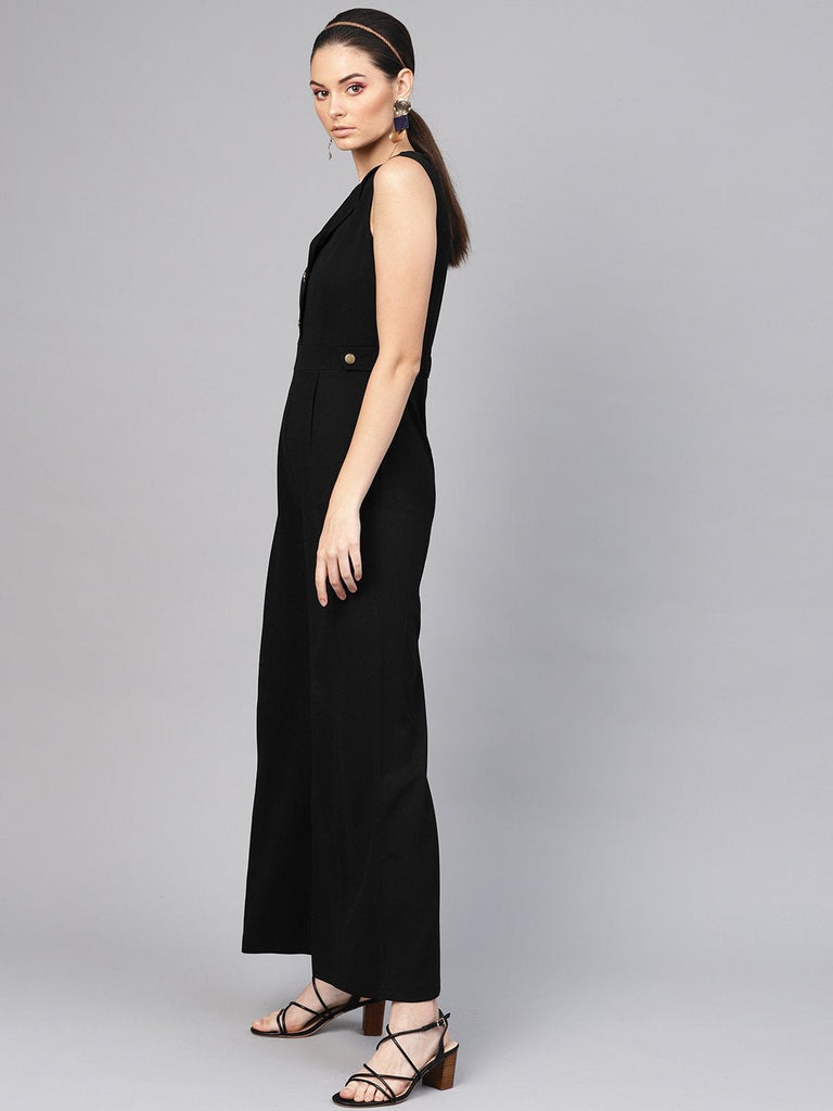 Women's Black Collared Flare Leg Jumpsuit