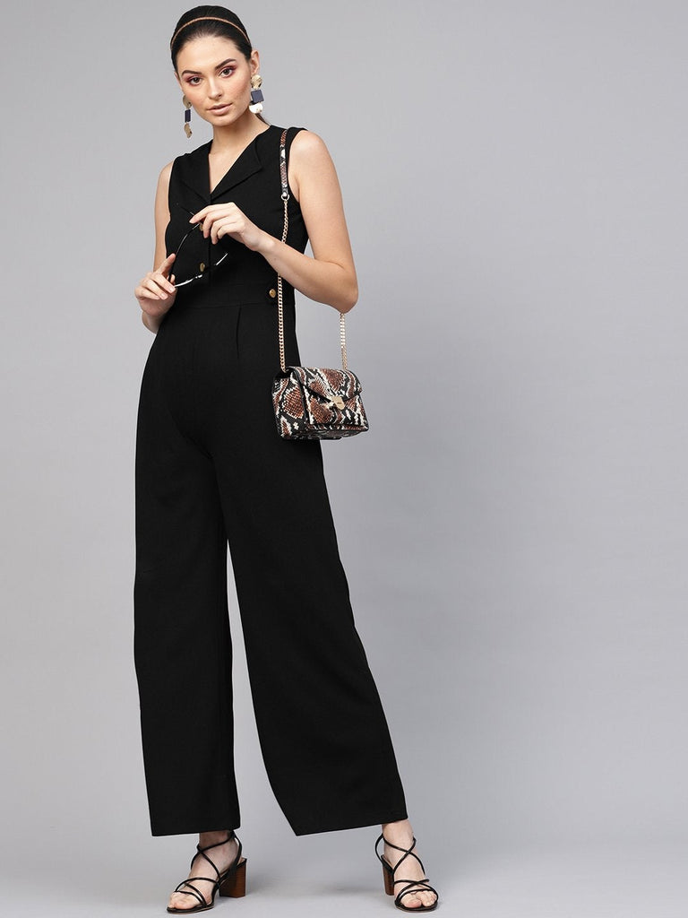 Women's Black Collared Flare Leg Jumpsuit