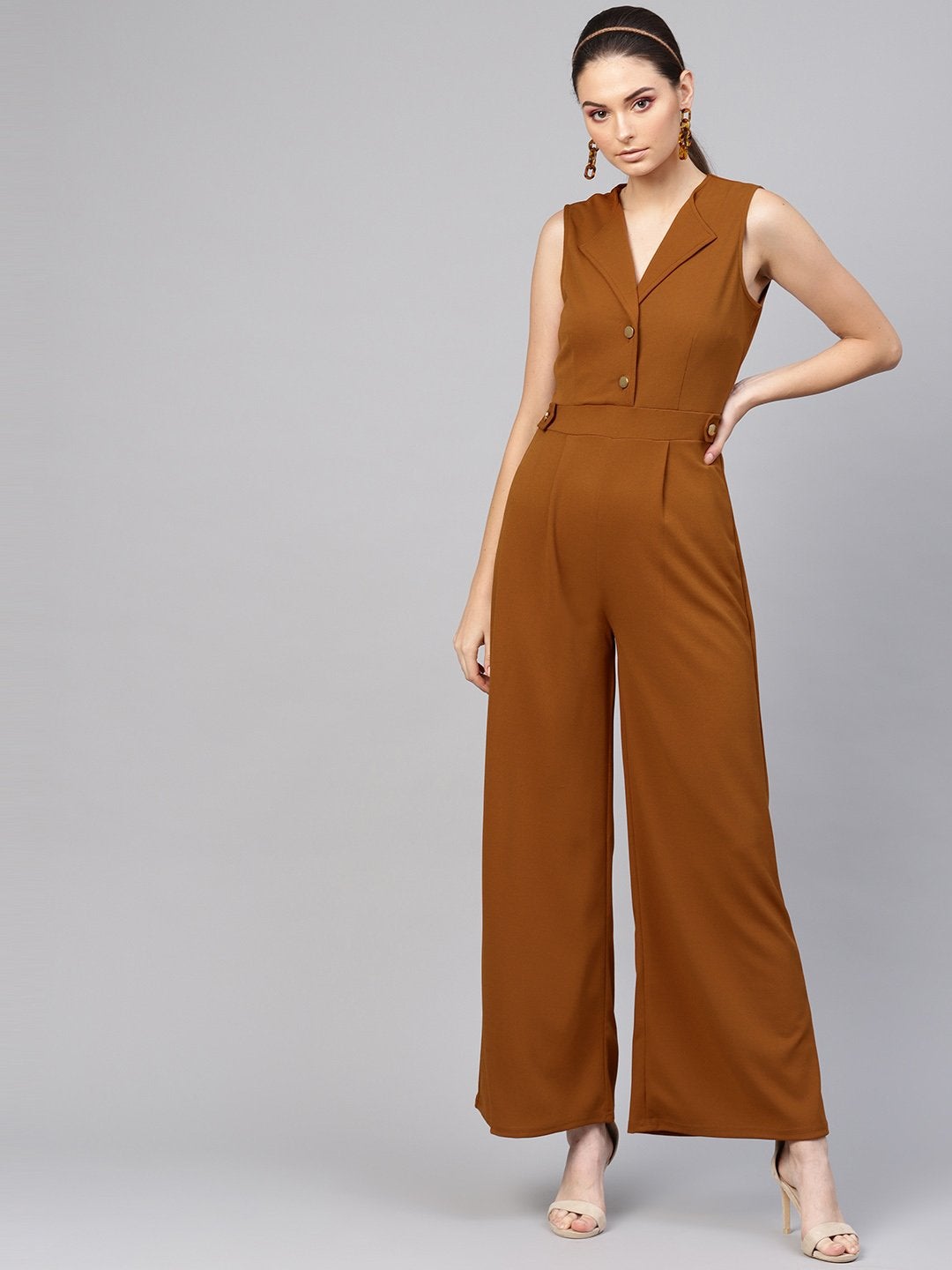 Women's Brown Collared Flare Leg Jumpsuit - SASSAFRAS