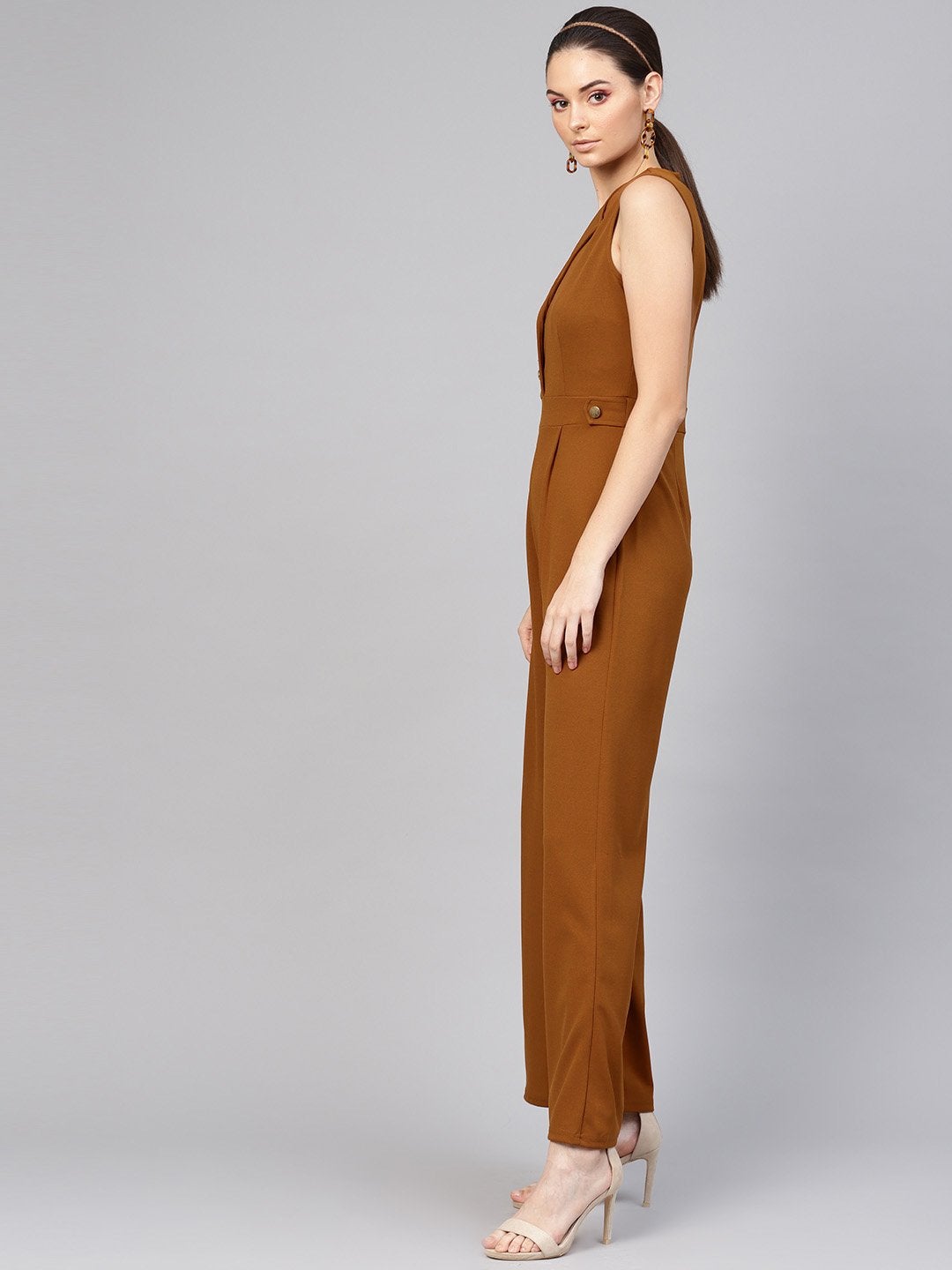 Women's Brown Collared Flare Leg Jumpsuit - SASSAFRAS