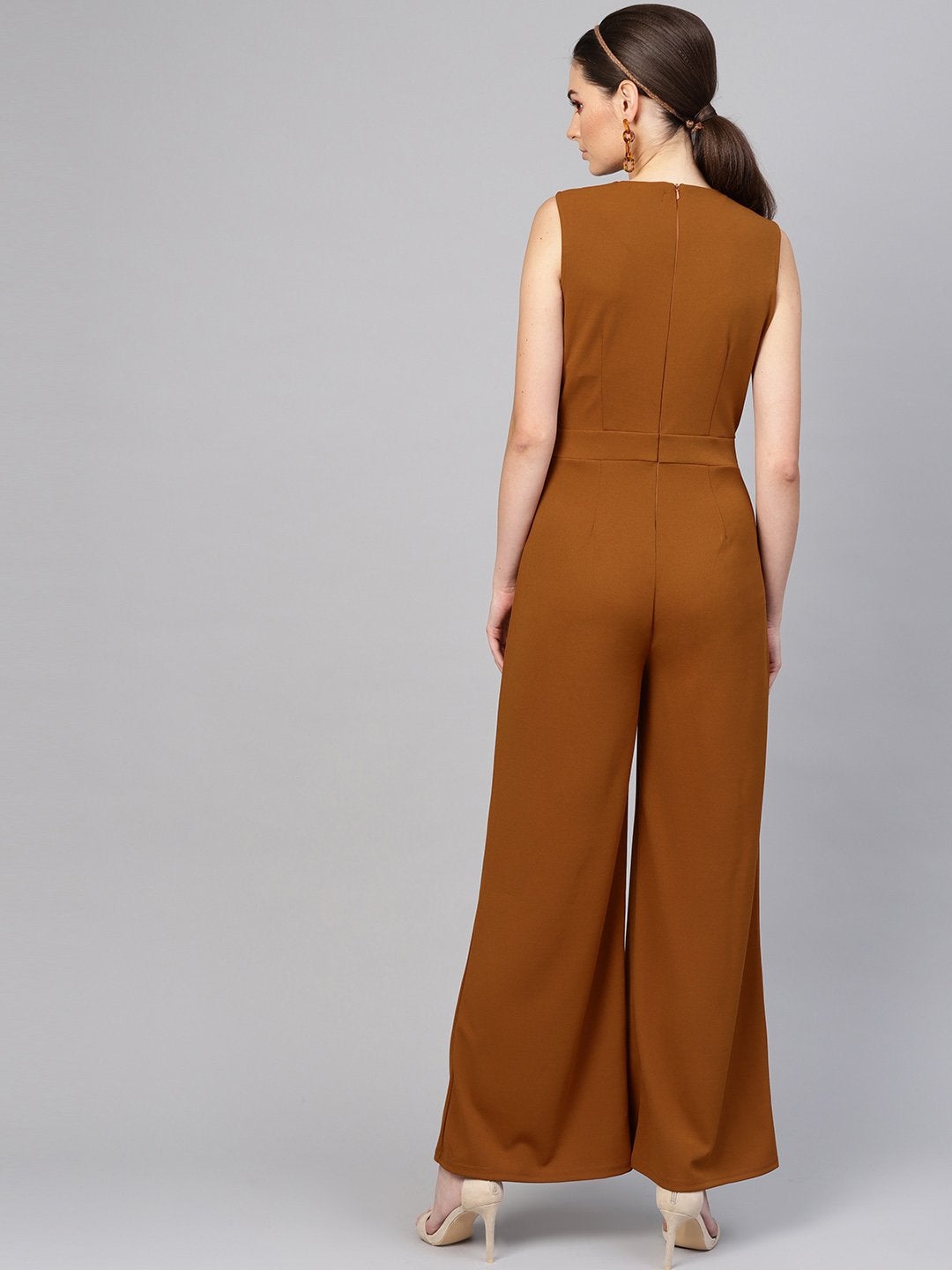 Women's Brown Collared Flare Leg Jumpsuit - SASSAFRAS