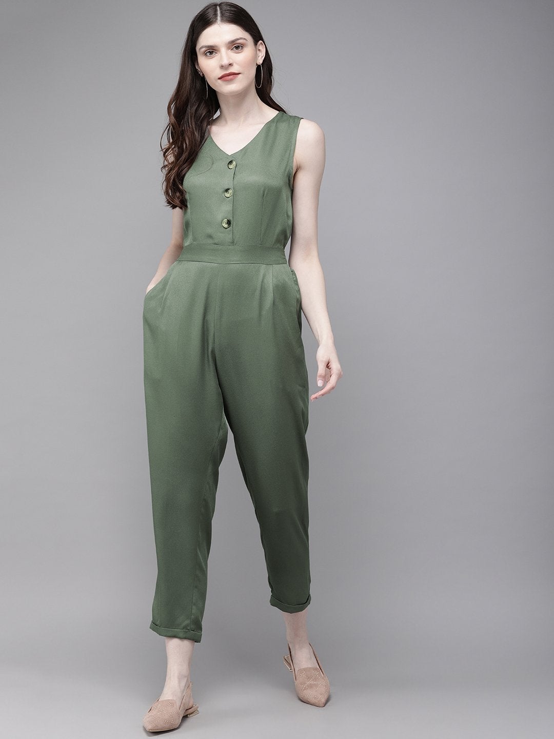 Women's Olive Sleevless Tapered Belted Jumpsuit - SASSAFRAS