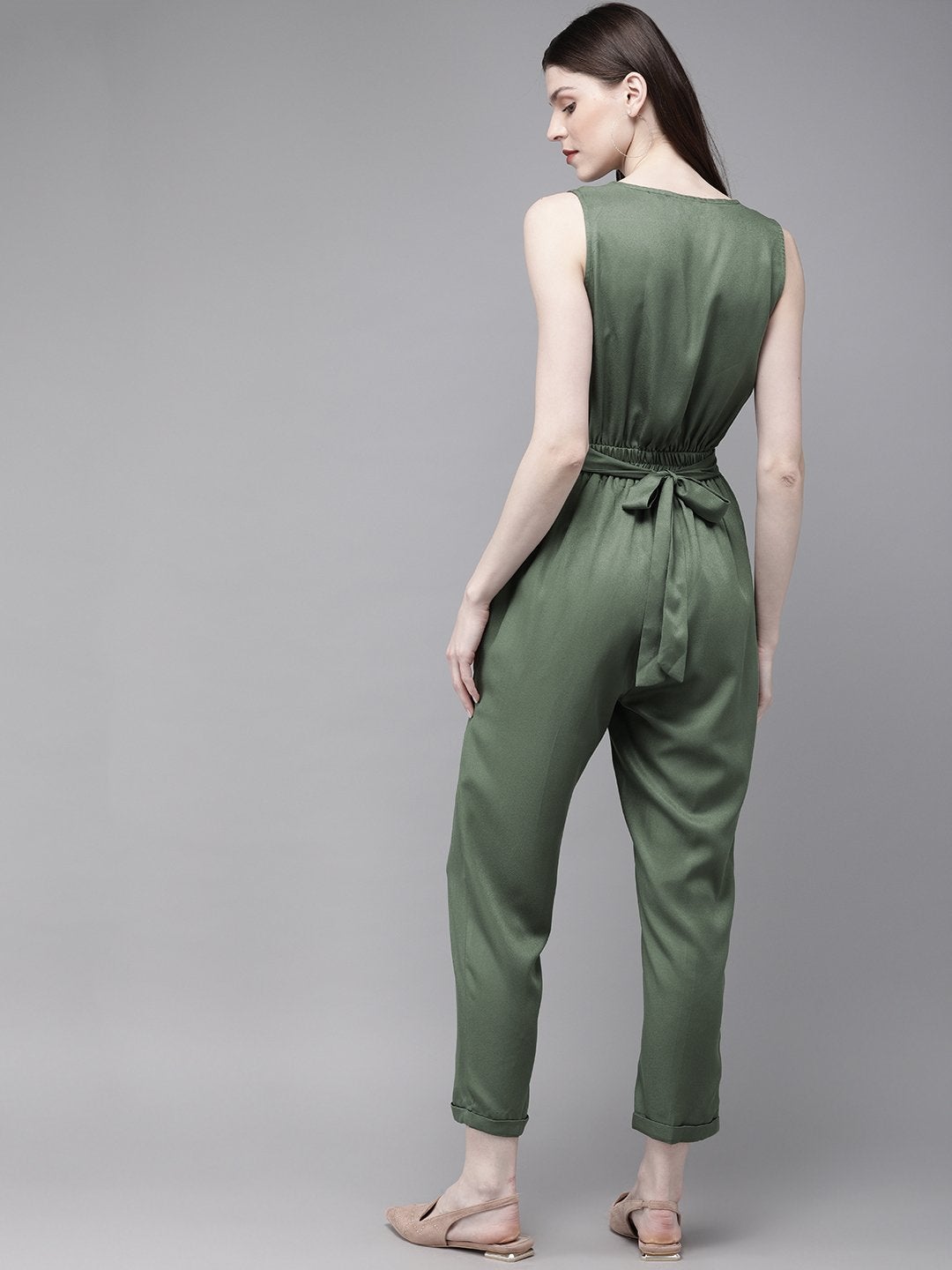 Women's Olive Sleevless Tapered Belted Jumpsuit - SASSAFRAS