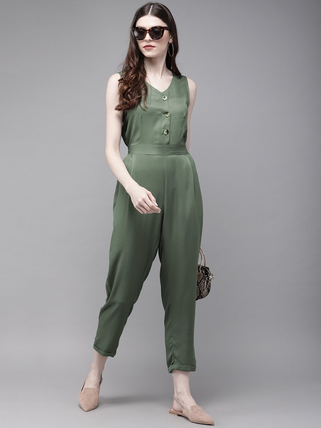 Women's Olive Sleevless Tapered Belted Jumpsuit - SASSAFRAS