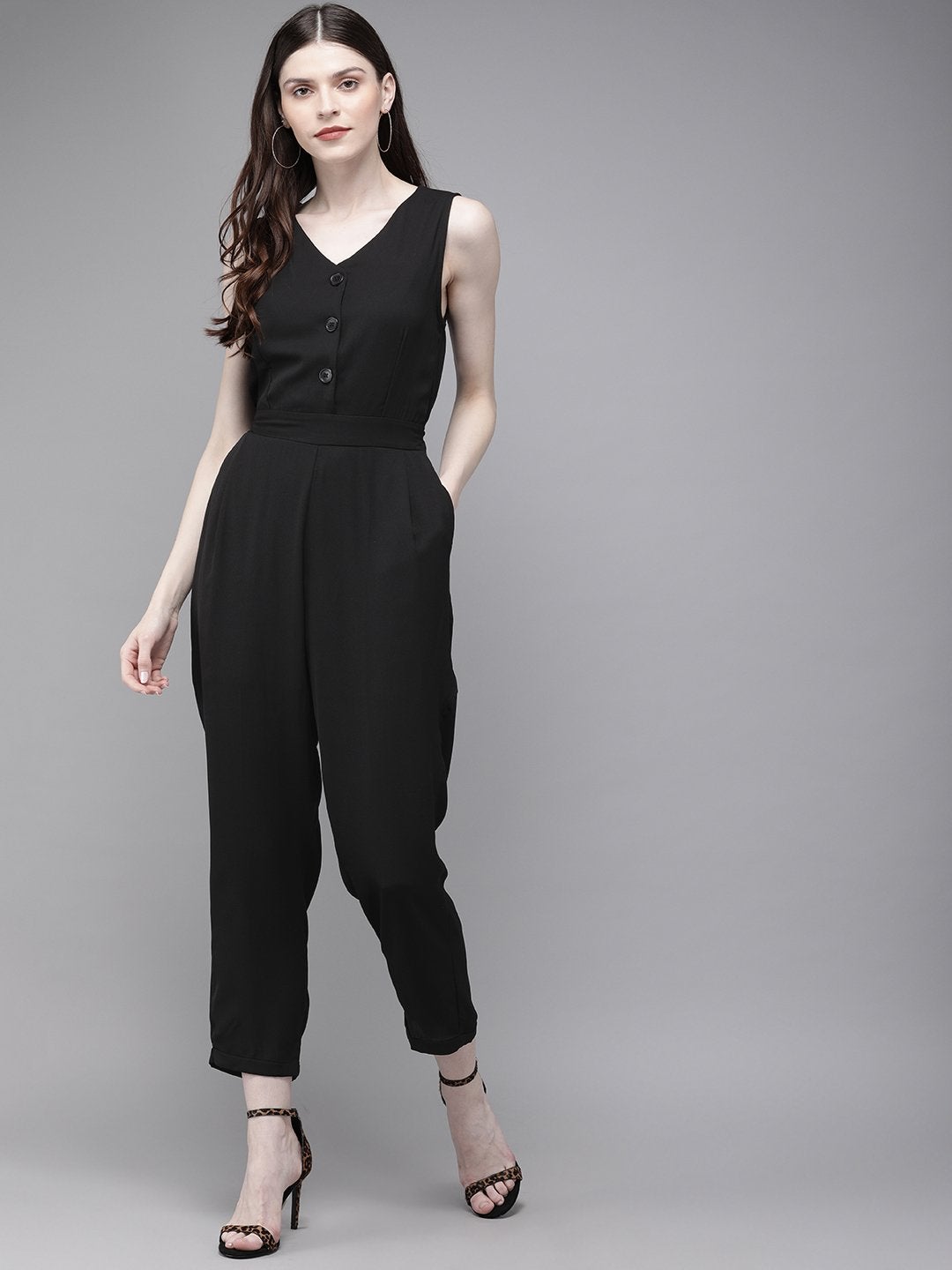 Women's Black Sleevless Tapered Belted Jumpsuit - SASSAFRAS