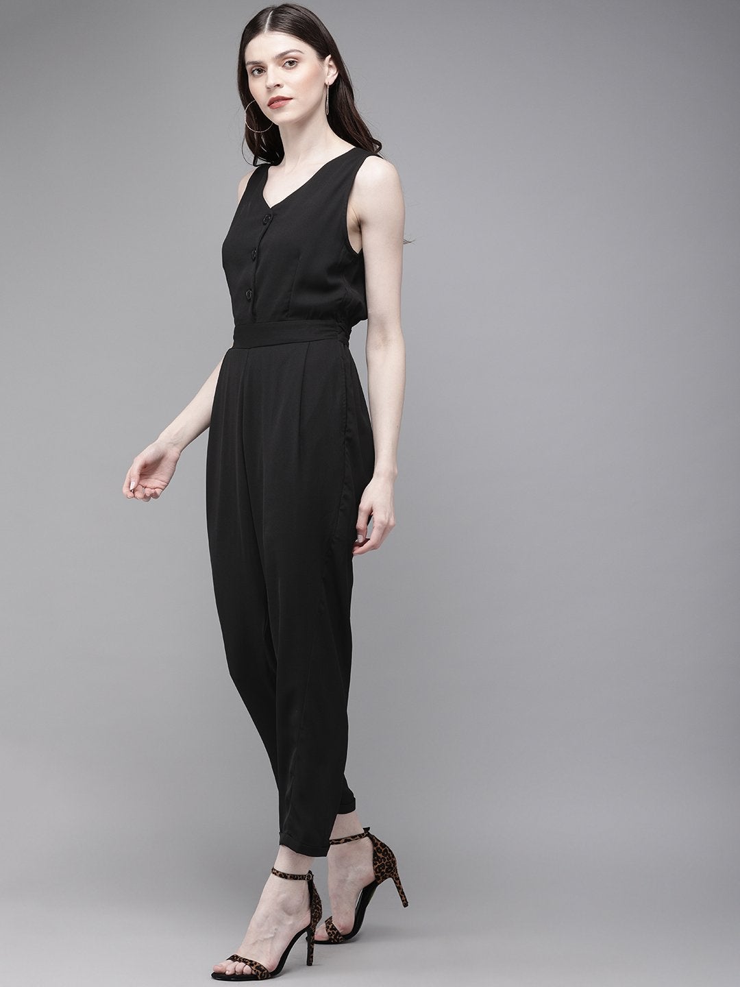 Women's Black Sleevless Tapered Belted Jumpsuit - SASSAFRAS