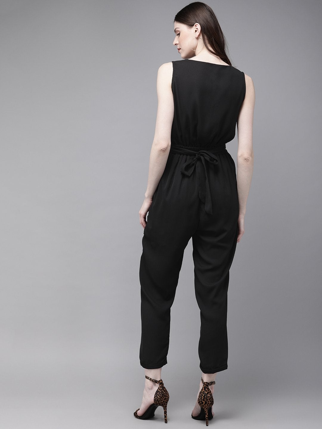 Women's Black Sleevless Tapered Belted Jumpsuit - SASSAFRAS