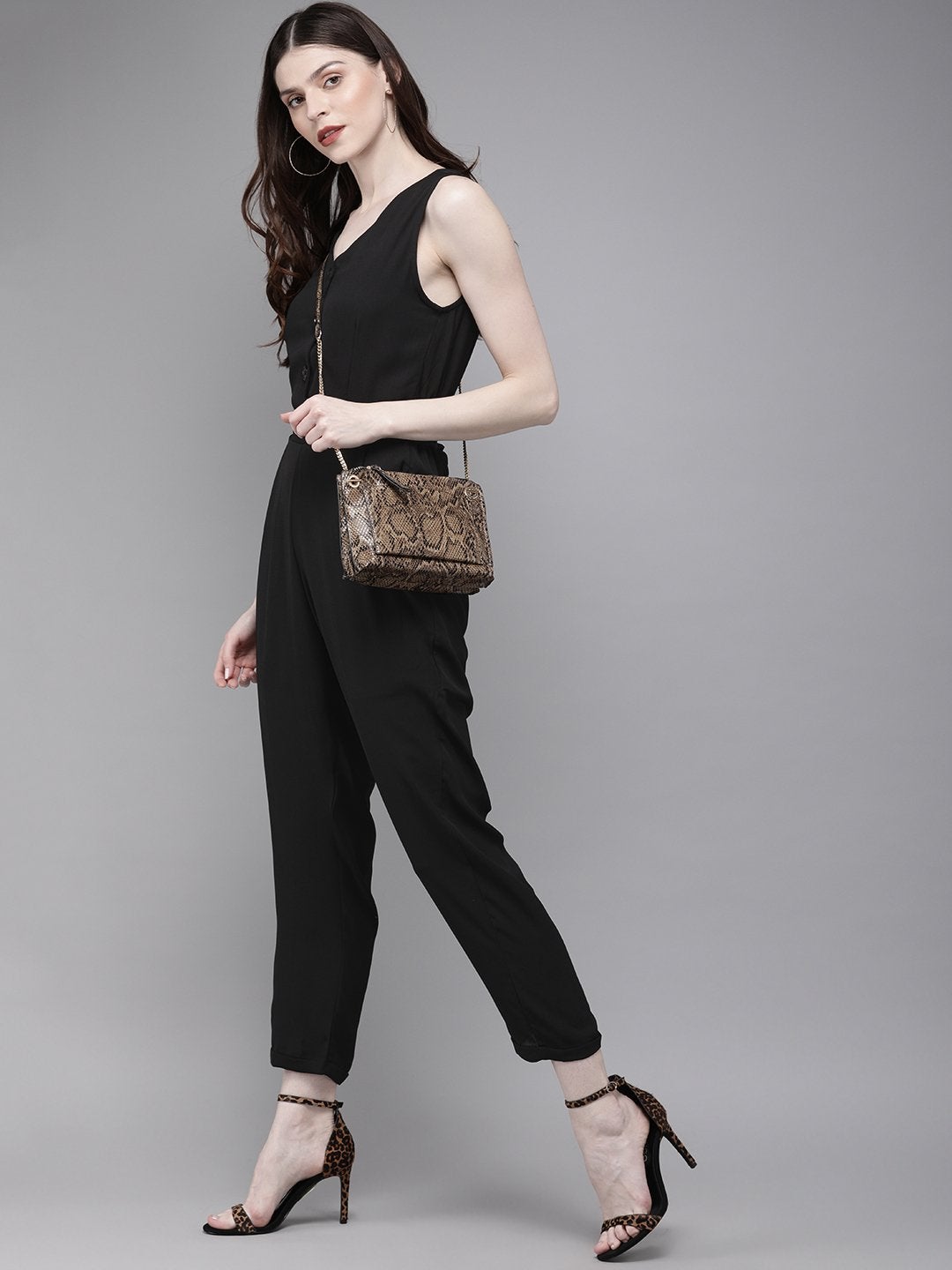 Women's Black Sleevless Tapered Belted Jumpsuit - SASSAFRAS