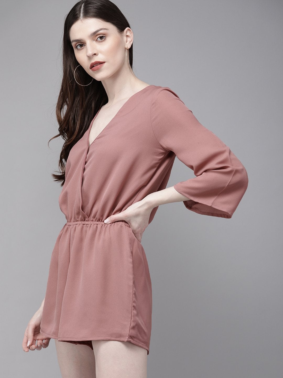 Women's Baked Pink Long Sleeve Wrap Playsuit - SASSAFRAS