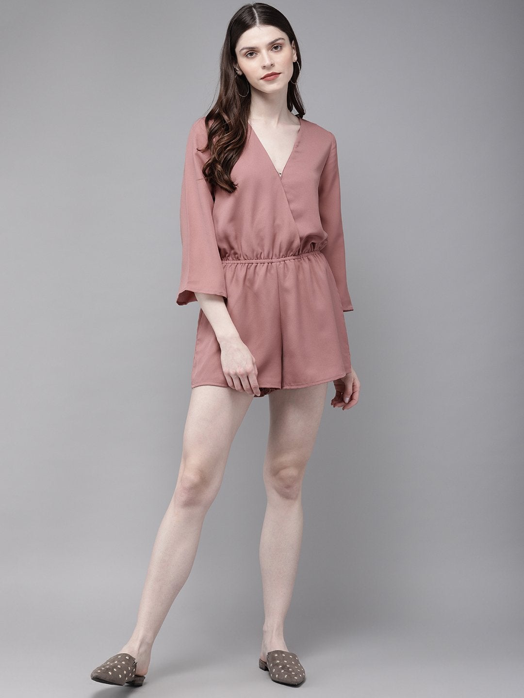 Women's Baked Pink Long Sleeve Wrap Playsuit - SASSAFRAS