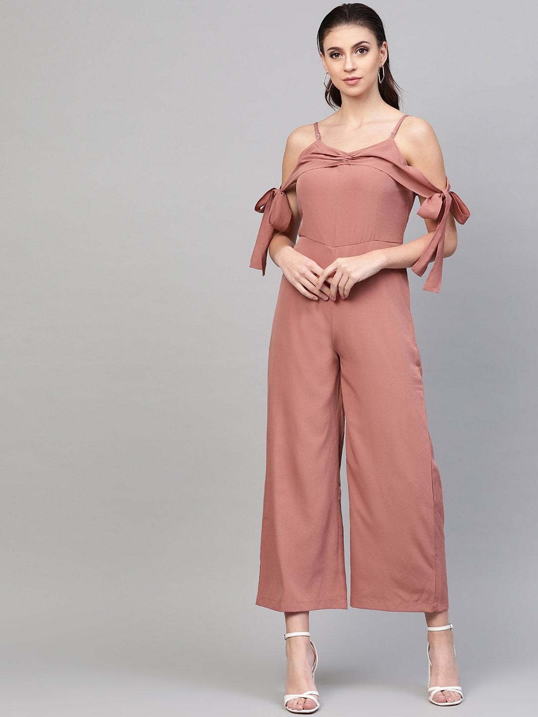 Women's Baked Pink Tie Up Sleeve Detail Jumpsuit - SASSAFRAS