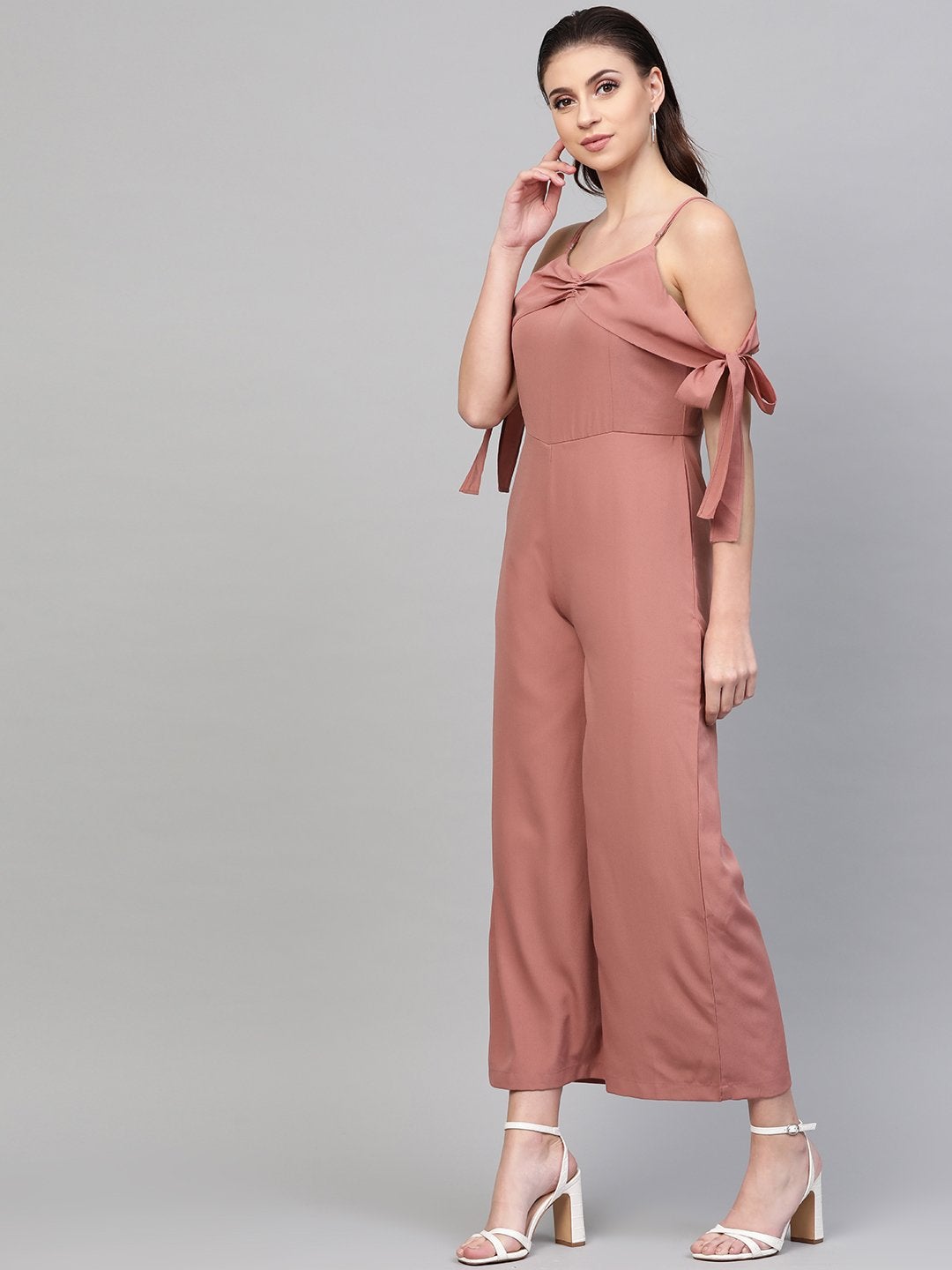 Women's Baked Pink Tie Up Sleeve Detail Jumpsuit - SASSAFRAS