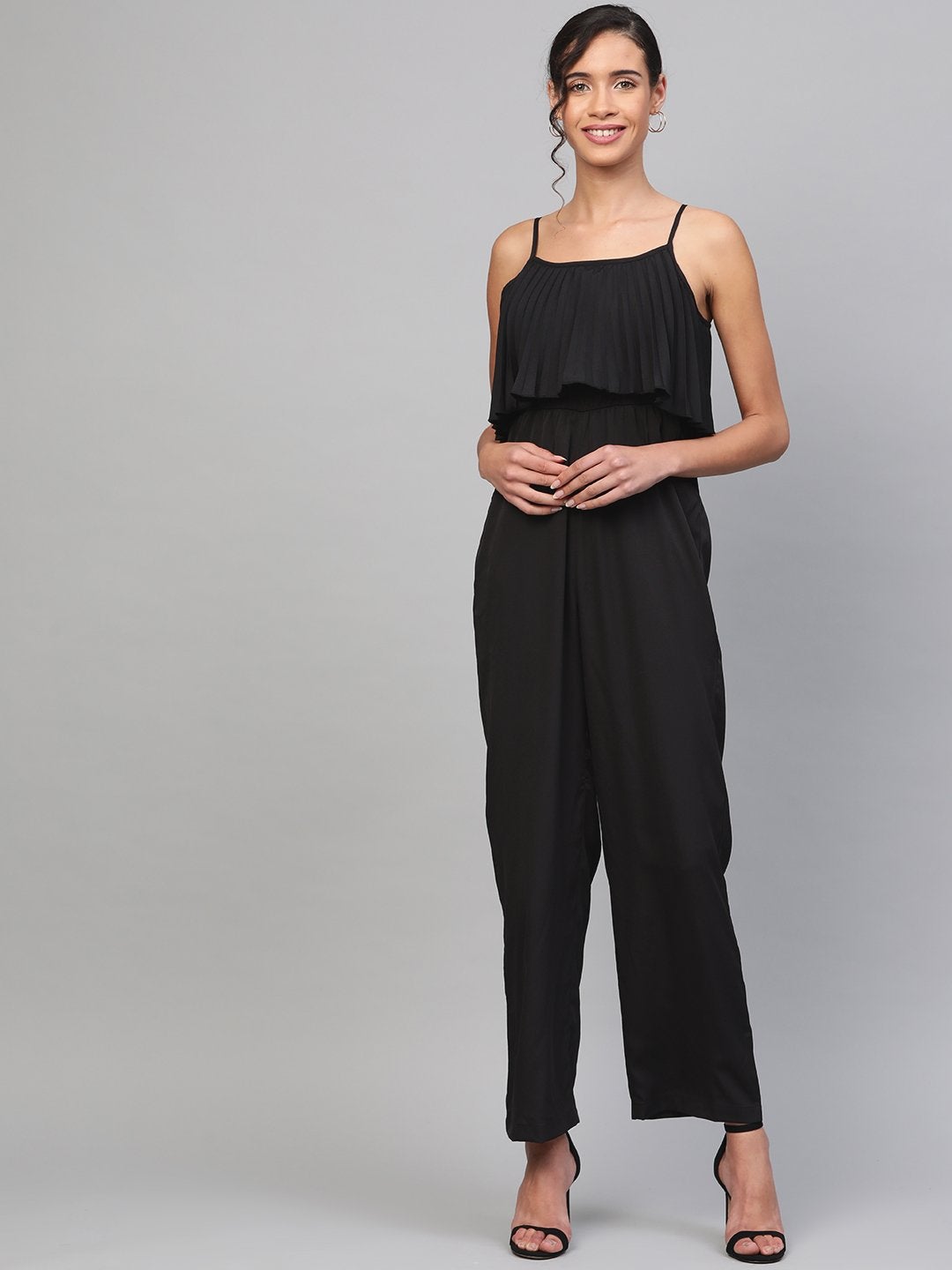 Women's Black Pleated Palazzo Jumpsuit - SASSAFRAS