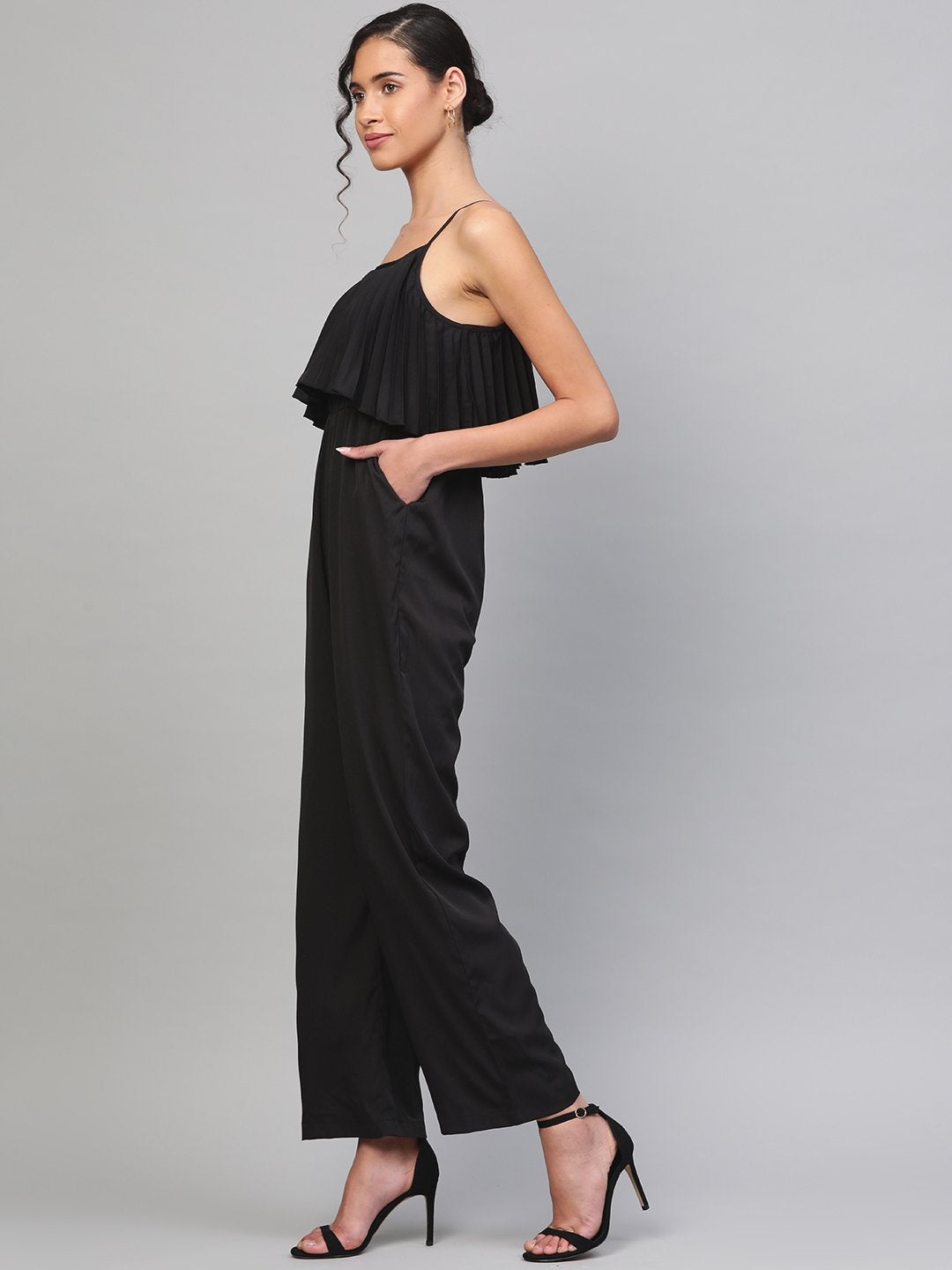 Women's Black Pleated Palazzo Jumpsuit - SASSAFRAS