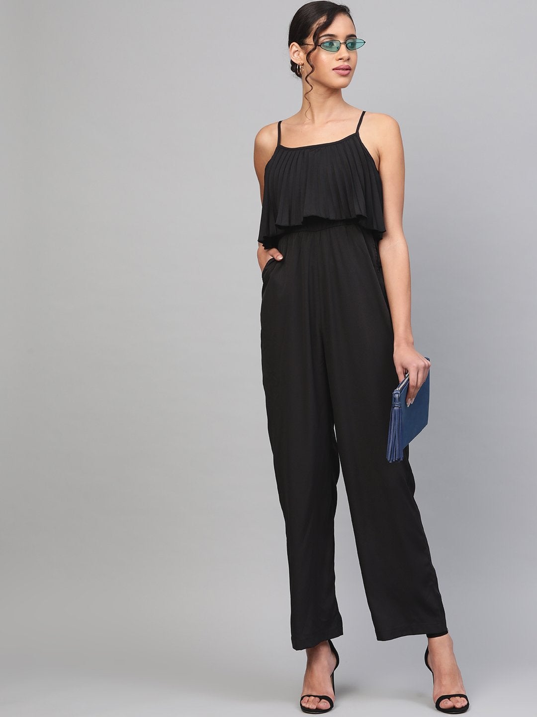 Women's Black Pleated Palazzo Jumpsuit - SASSAFRAS