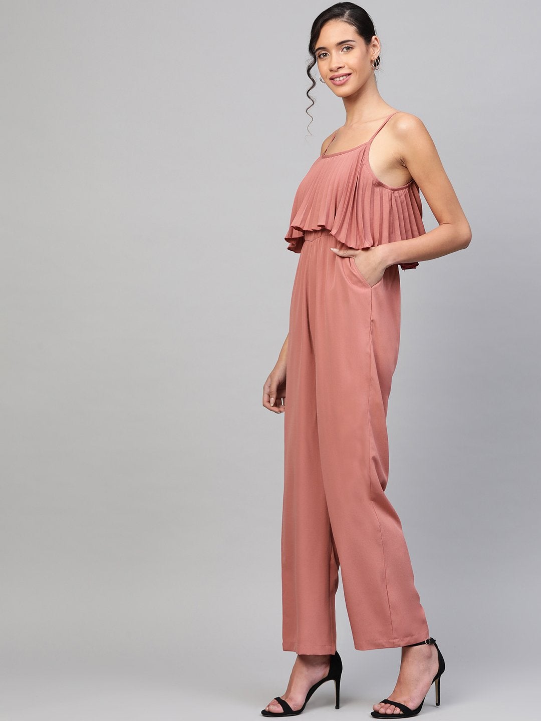 Women's Baked Pink Pleated Palazzo Jumpsuit - SASSAFRAS