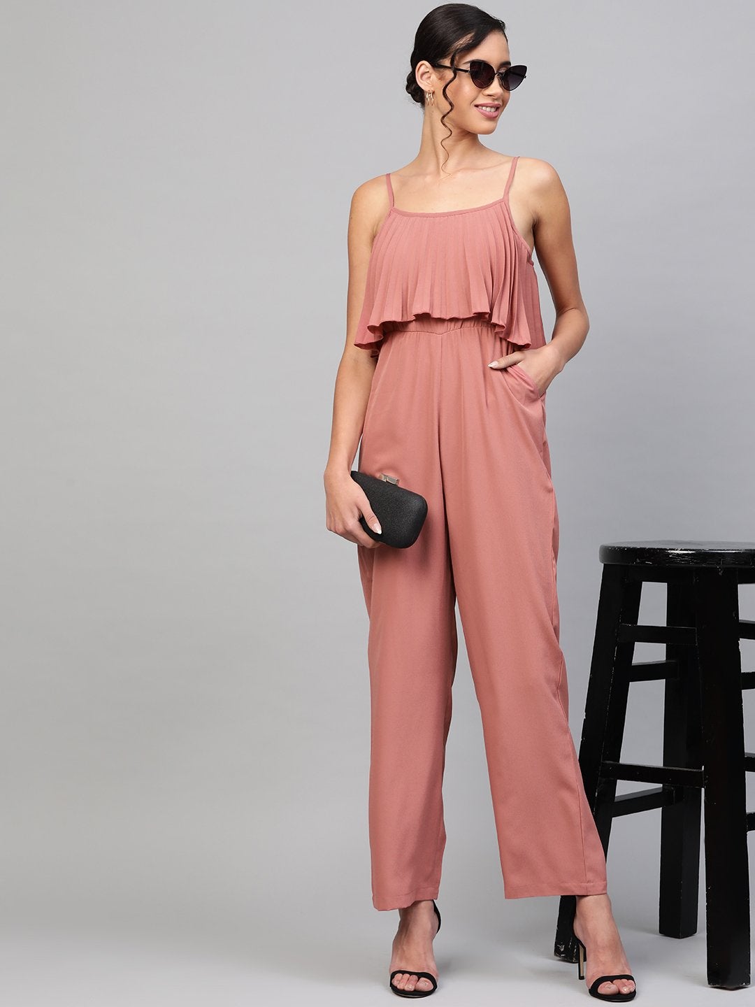 Women's Baked Pink Pleated Palazzo Jumpsuit - SASSAFRAS