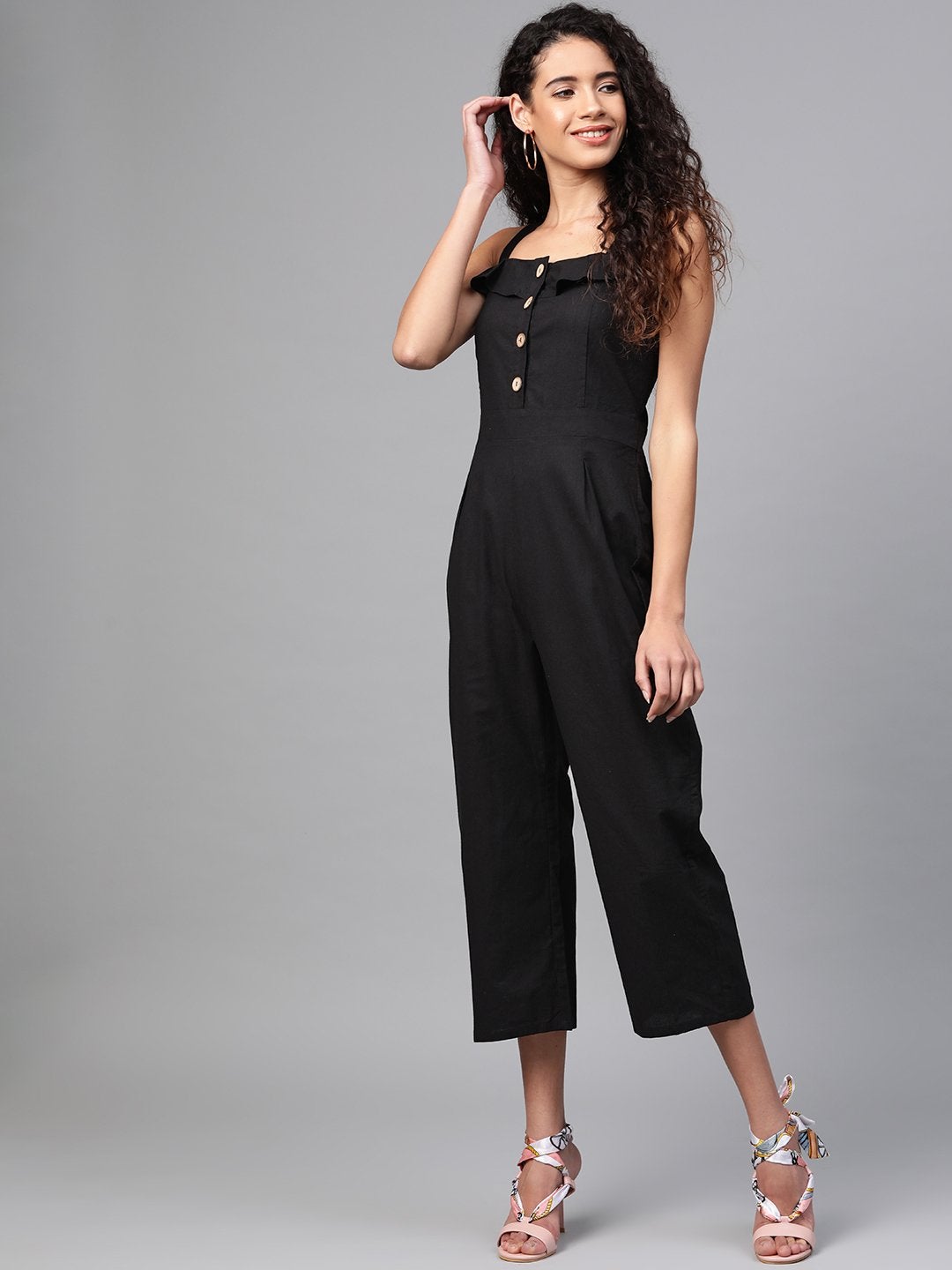 Women's Black Strappy Button Detail Jumpsuit - SASSAFRAS