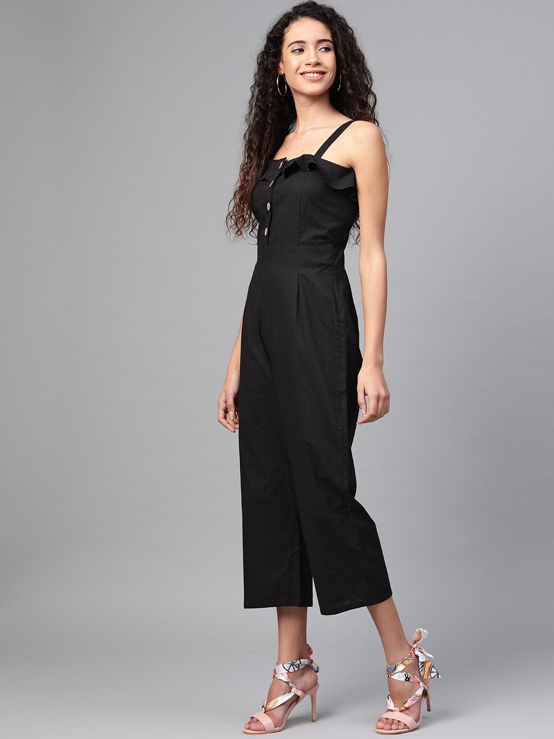 Women's Black Strappy Button Detail Jumpsuit - SASSAFRAS