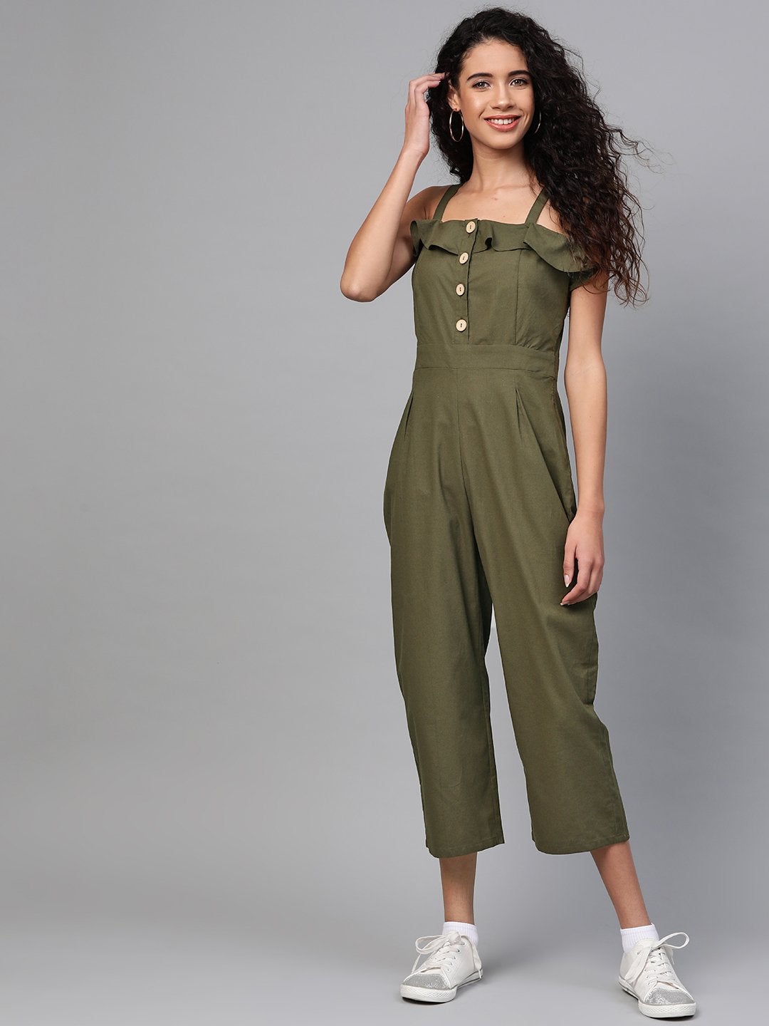 Women's Olive Strappy Button Detail Jumpsuit - SASSAFRAS