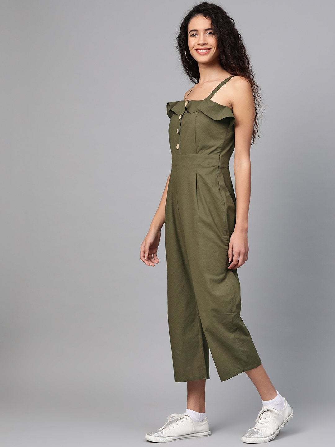 Women's Olive Strappy Button Detail Jumpsuit - SASSAFRAS