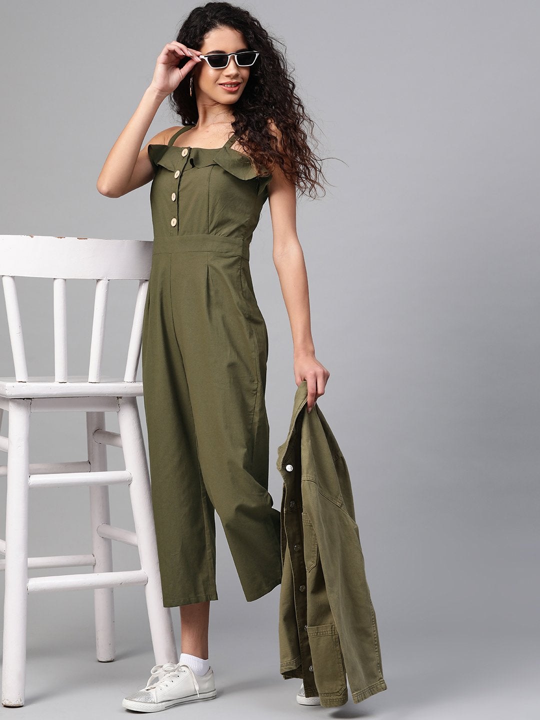 Women's Olive Strappy Button Detail Jumpsuit - SASSAFRAS