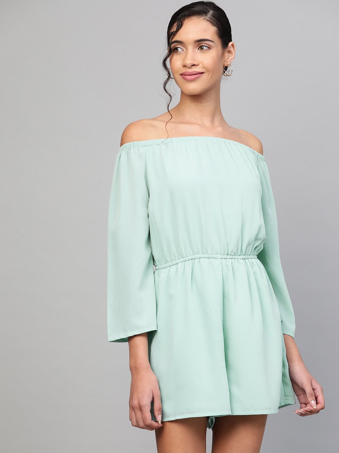 Women's Sea Green Off Shoulder Romper - SASSAFRAS