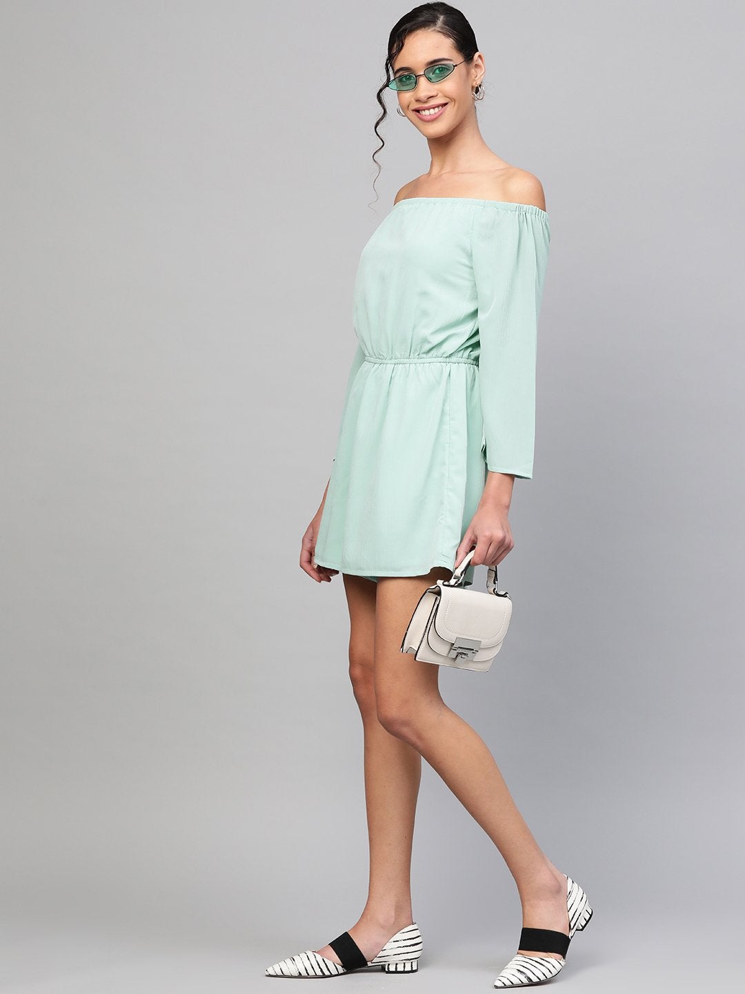 Women's Sea Green Off Shoulder Romper - SASSAFRAS