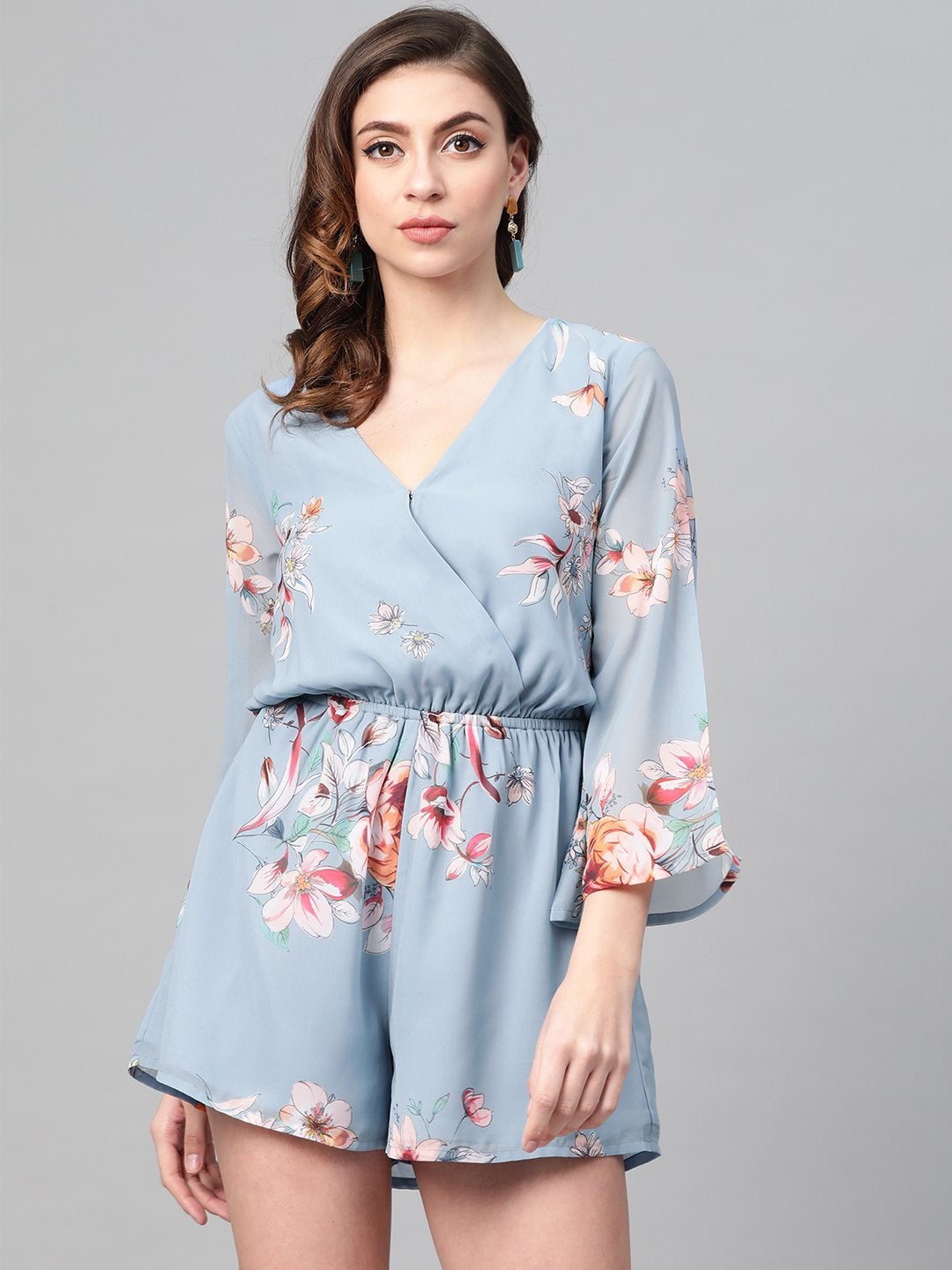 Women's Pale Blue Floral Wrap Romper - SASSAFRAS